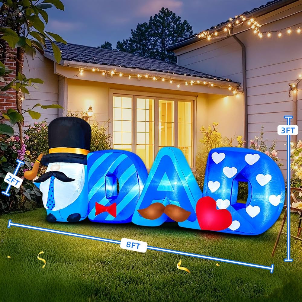 KOOY 8FT Fathers Day Inflatable Outdoor Decoration, Built in LED Lights Father's Day Blow Up Inflatable Gnome Love Dad for Holiday Party, Indoor, Outdoor, Garden, Yard Lawn Decor