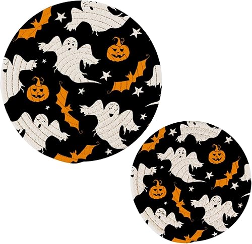 Alfombrilla de salvamanteles de murciélago de Halloween, calabaza, fantasma, 2 unidades, redondos, tejidos, para mesa de cocina, protector de