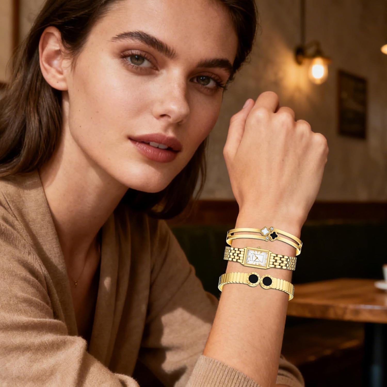 Women Gift Gold Bangle Watch and Vintage Bracelet Set Adjustment Tool Included - Image 4