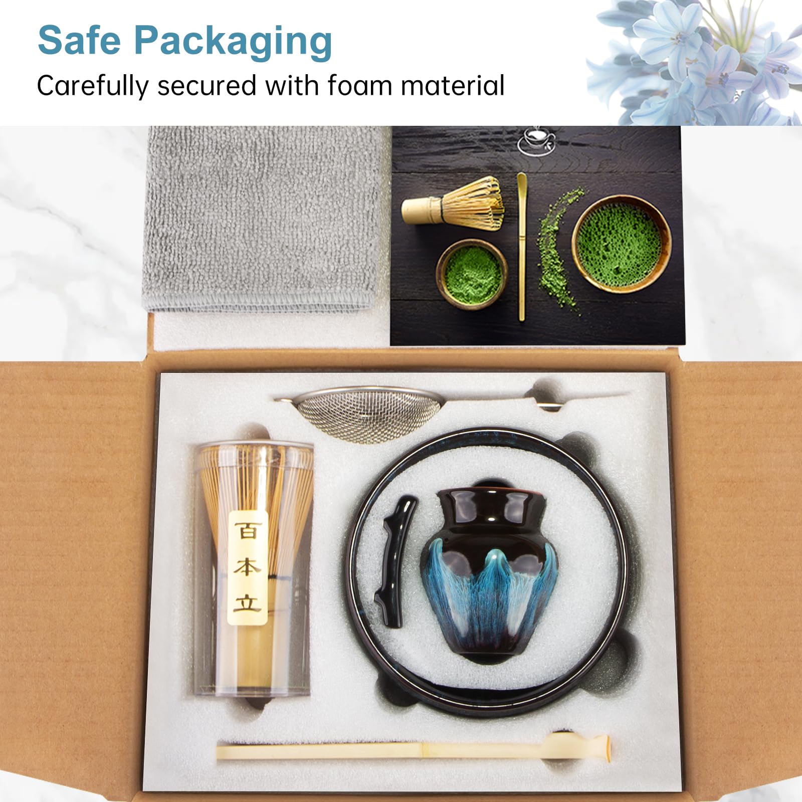 Set Matcha 4 Pièces - Bol, Fouet Bambou, Cuillère, Support - Cérémonie Thé Japonais - Fait Main
