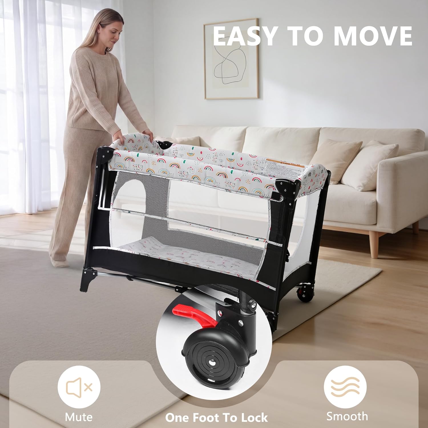 Kinder King 4 in 1 Portable Baby Playard, Foldable Baby Bedside Crib w/Bassinet, Infant Pack and Play Playard Toddler Large Playpen, Newborn Changing Table, Storage Basket,Multicolour