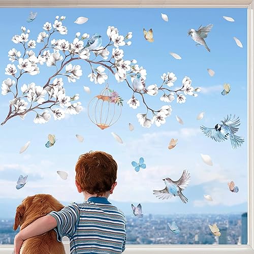 Miniatura 1 de IARTTOP Pegatinas de pared con diseño de pájaros y flores blancas, calcomanías de pared de flores de árbol para sala de estar, dormitorio,