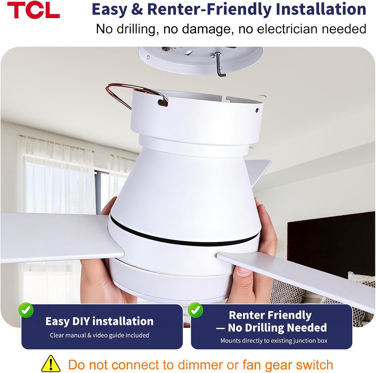 TCL Ceiling Fans with Lights, 42 inch 3 blades Low Profile and Remote Control, Reversible, Flush Mount, 3CCT, Dimmable, Noiseless, Black Ceiling Fan for Bedroom, Indoor/Outdoor Use (White, 42 Inch)