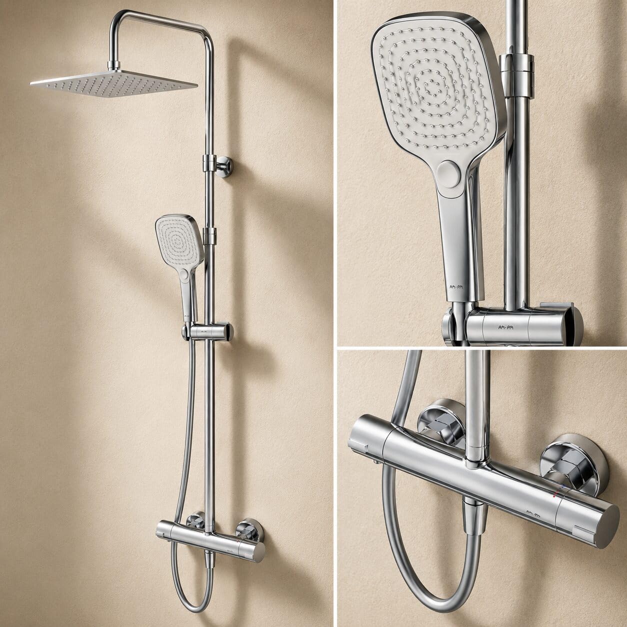 AM.PM X-Joy Duschsystem mit Thermostat & Wanneneinlauf, Komplettes Duschset mit Regendusche 30 cm & Handbrause, höhenverstellbare Duschsäule 103–146 cm, Brauseschlauch 1750 mm, Chrom, Anti-Kalk