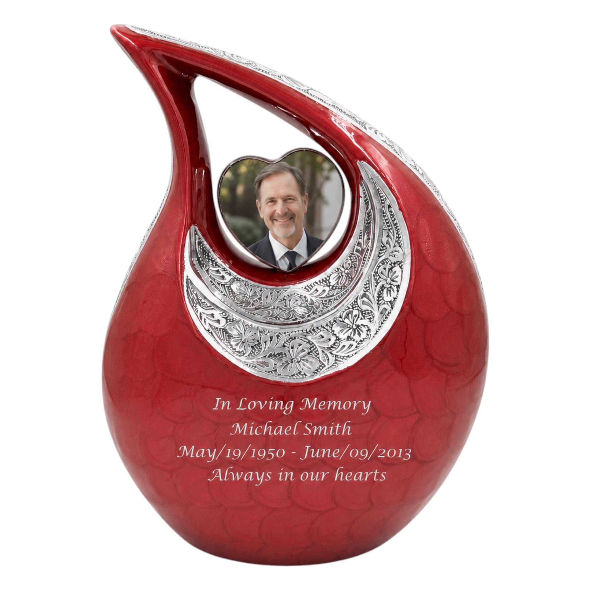 Red Teardrop Cremation Urn for Human Ashes with Personalized Photo Heart — image 1