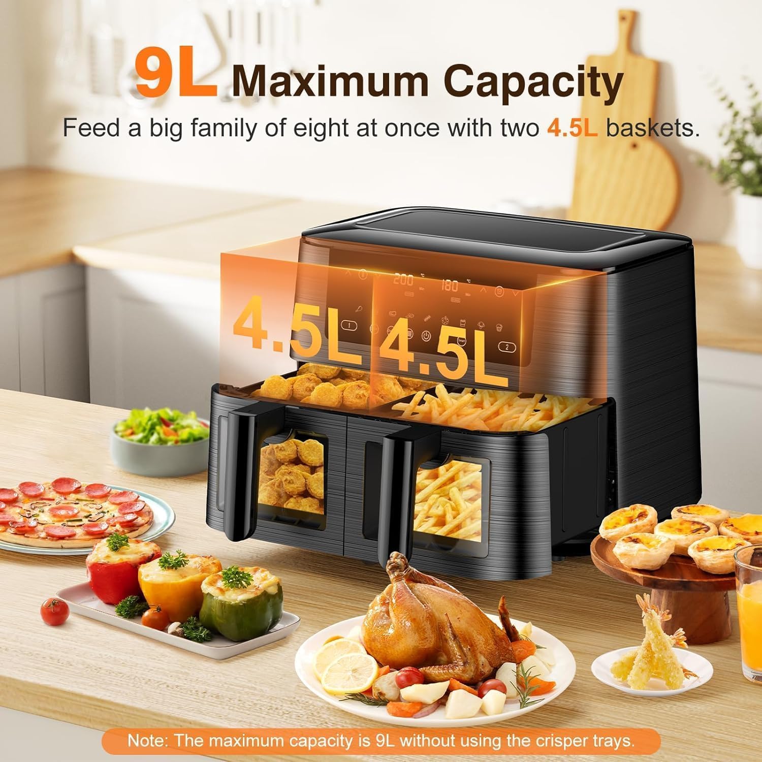 Heißluftfritteuse 2 kammern mit Sichtfenster, 9L Airfryer, 2 Fächer, 9-in-1, Touchscreen, Spülmaschinenfeste Körbe, Antihaftbeschichtete Frittierkörbe, Gesunde Friteuse ohne Öl und fettarmes Kochen