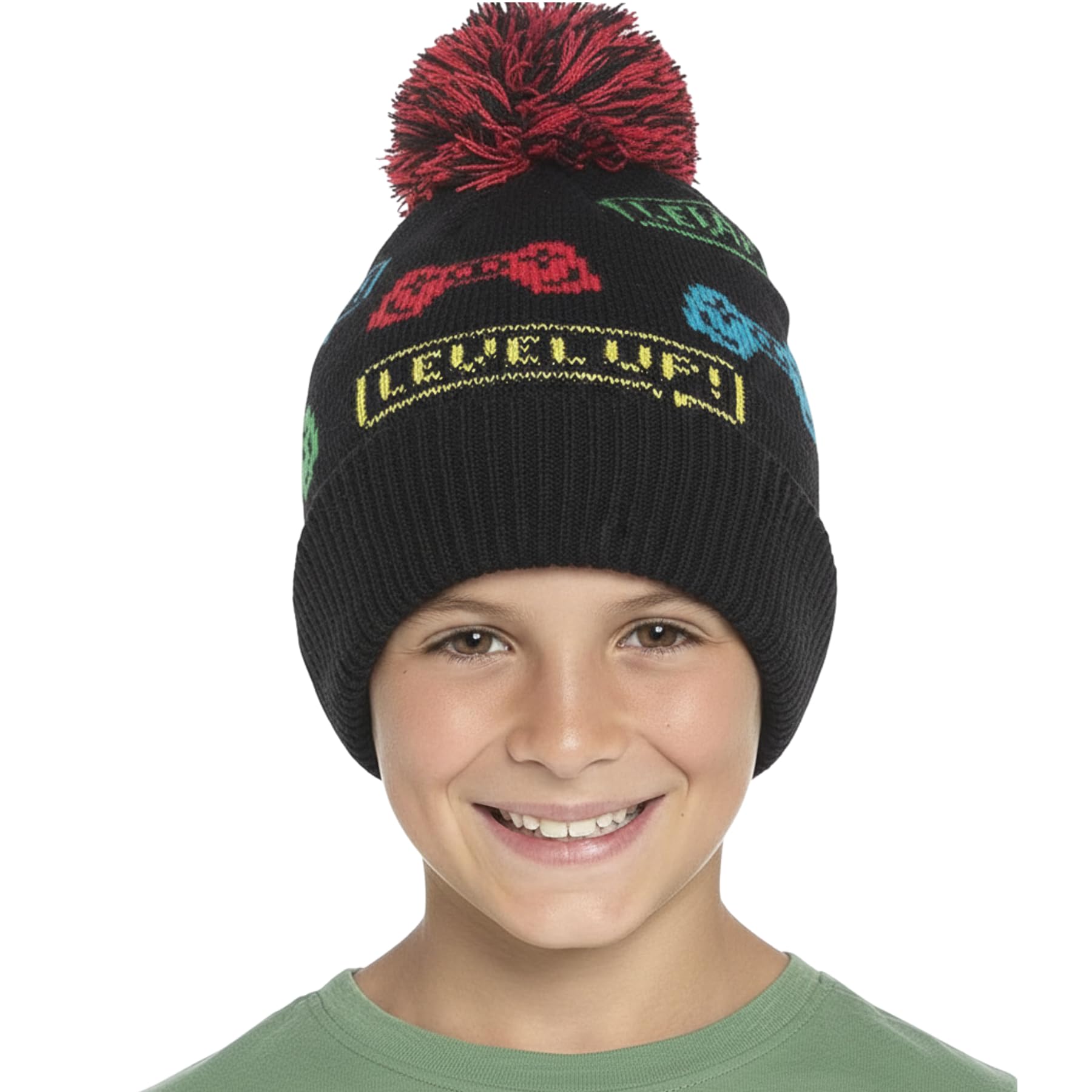 A2z 4 Kids Boys Black Hat Game Jacquard Bobble Pom Pom Beanie Lightweight - Hat Kh1068 One Size