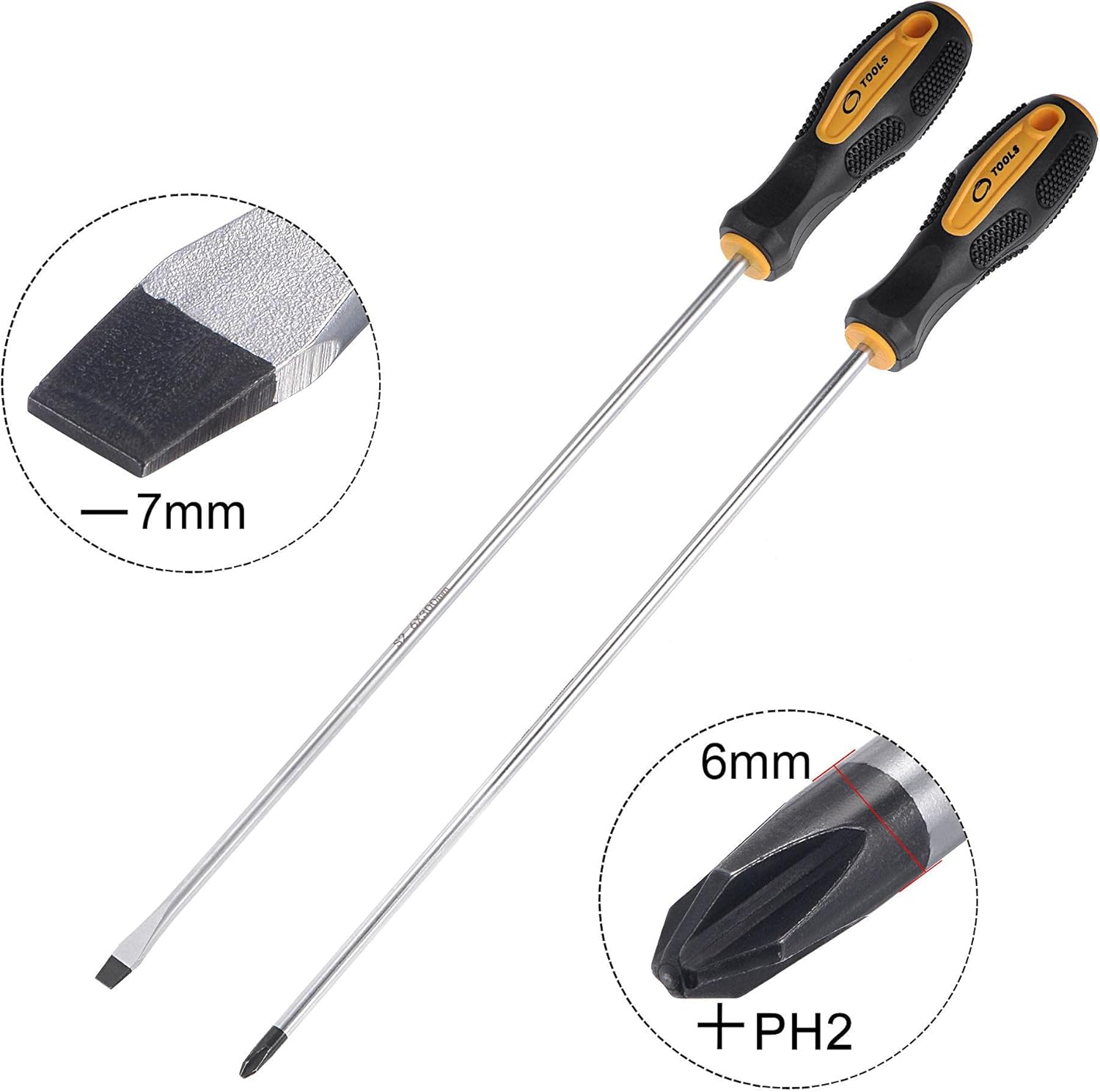 uxcell #2 Phillips / 7mm Slotted Magnetic Screwdriver Set, 12" S2 Steel Round Shaft Non-Slip Black+Yellow Handle