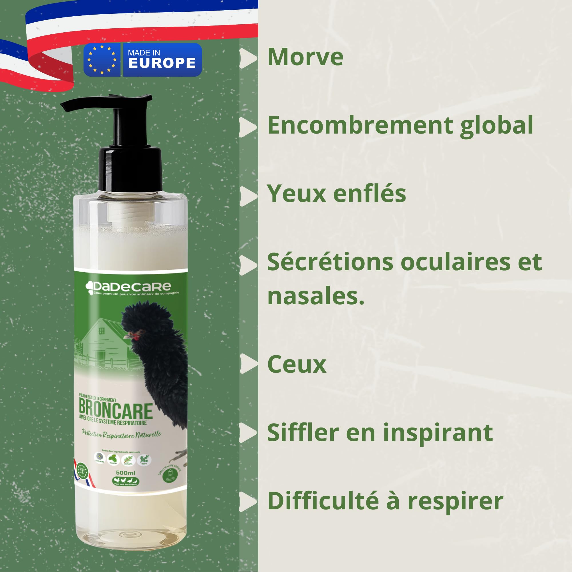 Broncare Respiratoire 500 ml avec ADEC - Poules, volailles de volaille et exotiques - Huiles essentielles, renforcement immunitaire et respiratoire - échinacée, menthe, thym et romarin