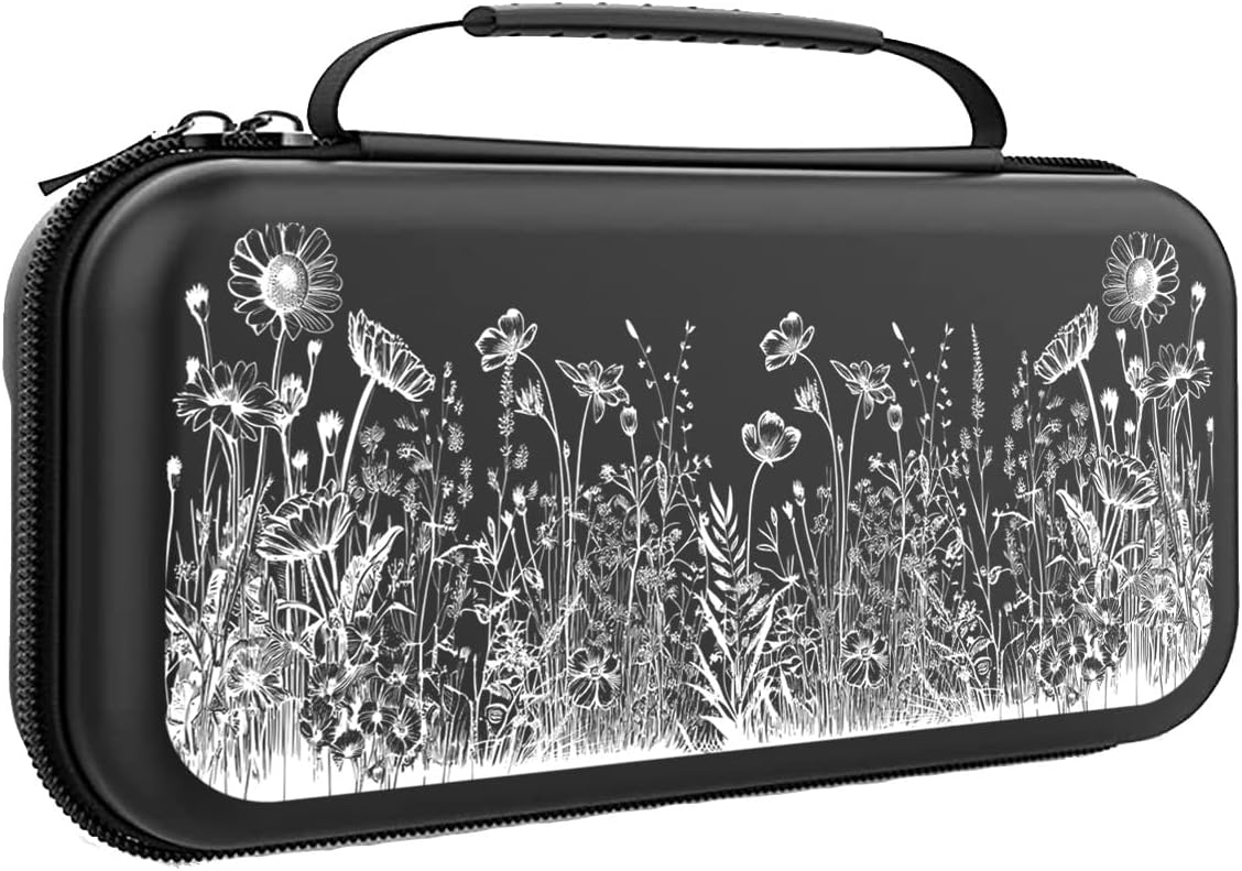 Monochrome Flowers Switch Case For Nintendo Switch OLED/Switch LITE/Switch Accessories, Meadow Cute Carry Protective Bag, Travel Game Console Cases, Controller Hard Shell Holder 20 Cartridge Slot J83