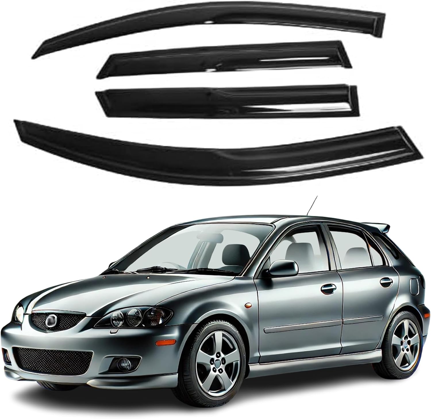 Fits for Mazda 3 Hatchback 2004 2005 2006 2007 2008 2009 Smoke Window Visor Set - Sun, Rain, and Vent Protection, 4-Pieces Tape-On Window Deflector Guard Kit