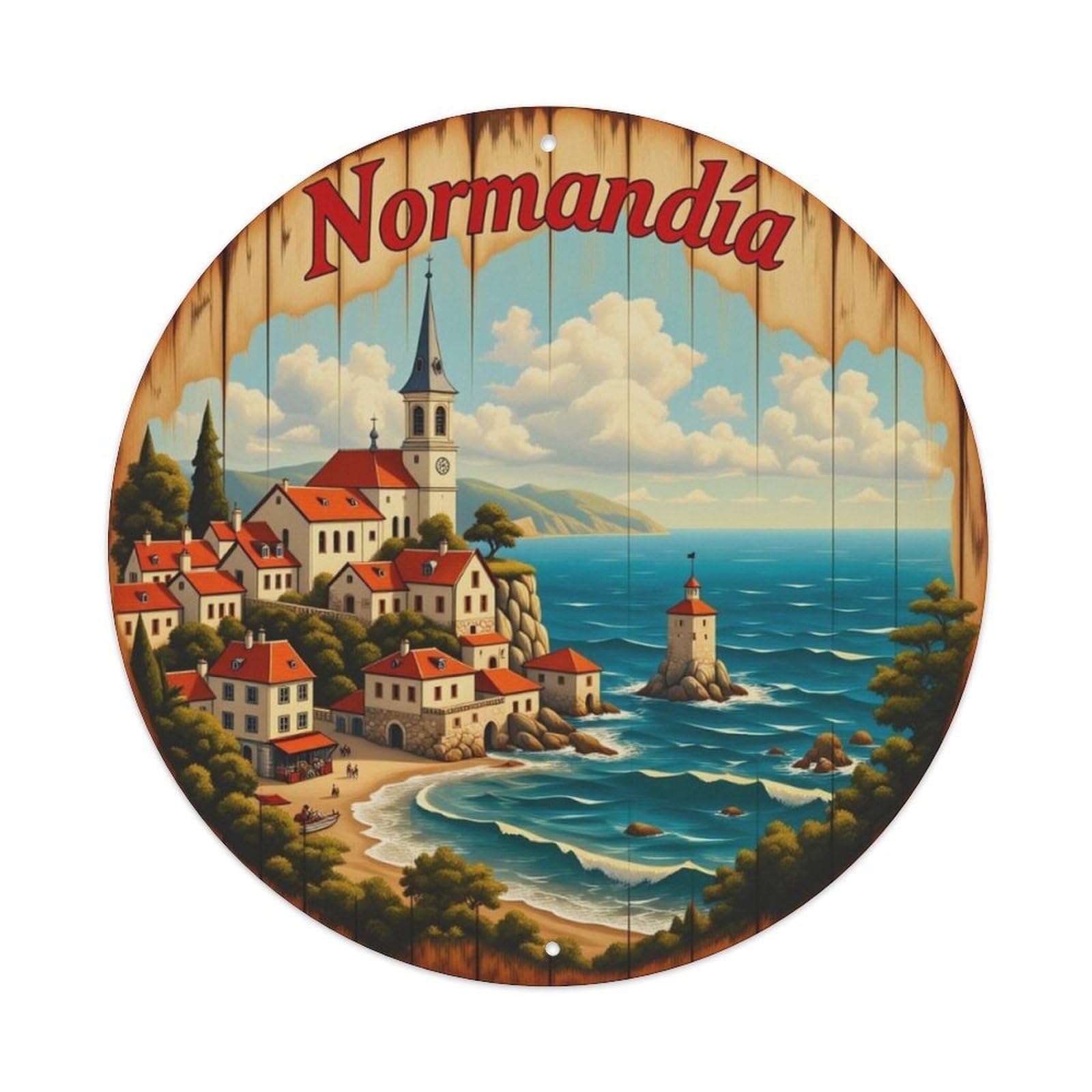 Normandy Coastal Town Vintage Round Decorative Sign Vintage Aluminium Metal Sign, Retro Wall Decor for Home, Bar, Garage & Farmhouse 20x20cm