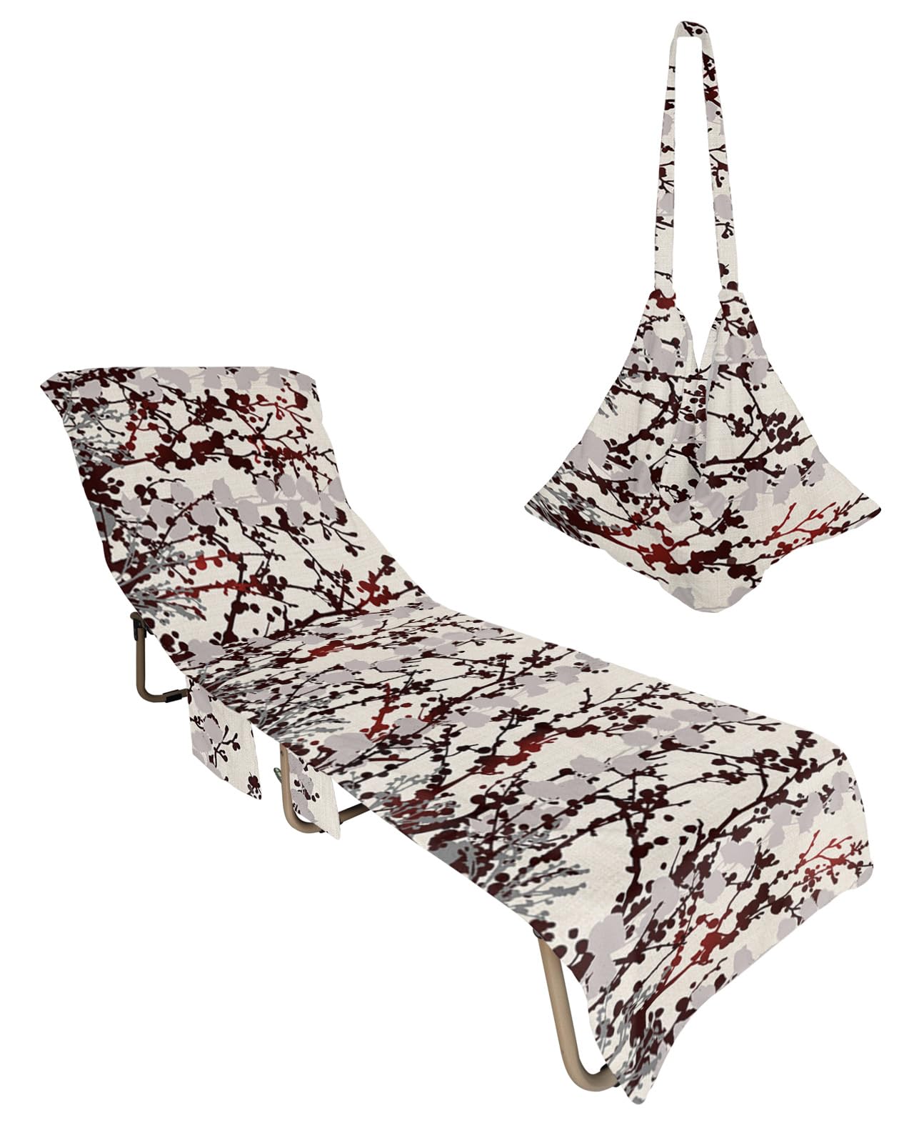 Beach Pool Patio Lounge Chaise Chair Cover Towel With Pockets,Fall Leaves Absorbent & Quick Dry Microfiber Towel Cover Bag Summer Travel Accessories for Sunbathing Gradual Black Brown Plant Watercolor