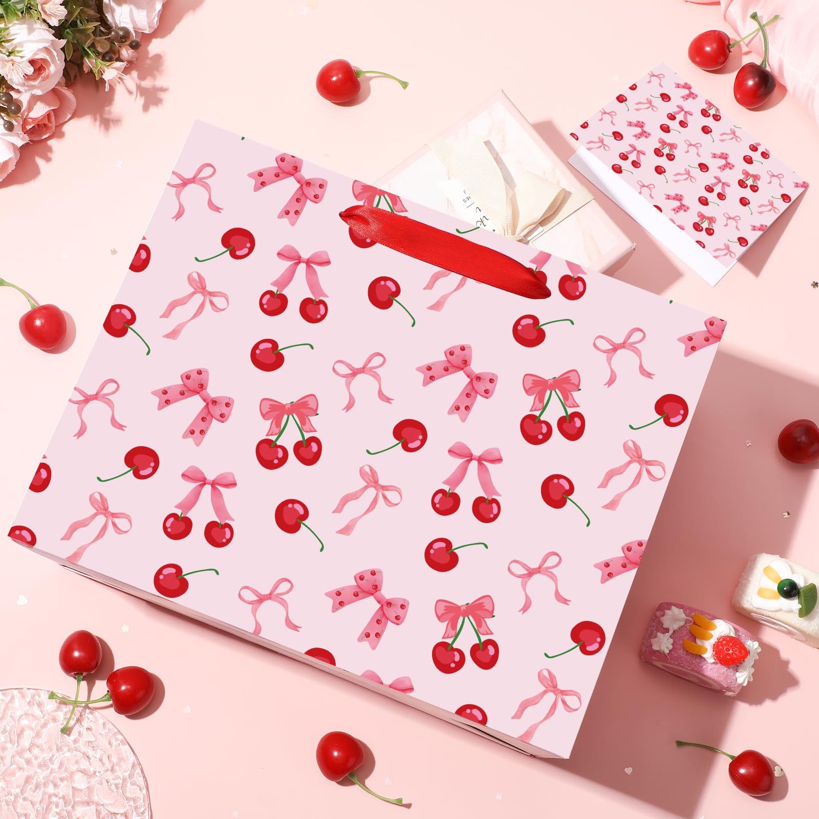Cherry Birthday Party Gift Bag, Coquette Cherry Bow Wrapping Bag with Tissue Paper and Card Bow Fruit Themed Wrapping Paper for Girls Kids Teens Baby Shower Women Birthday Party Favors