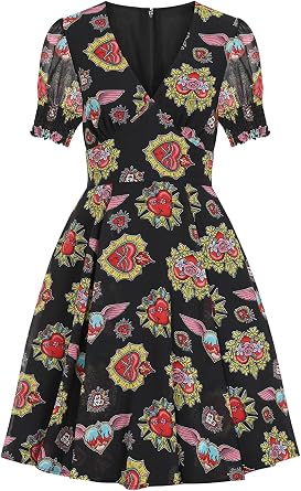Amias Heart Print Retro Vintage Style Mid Dress Black