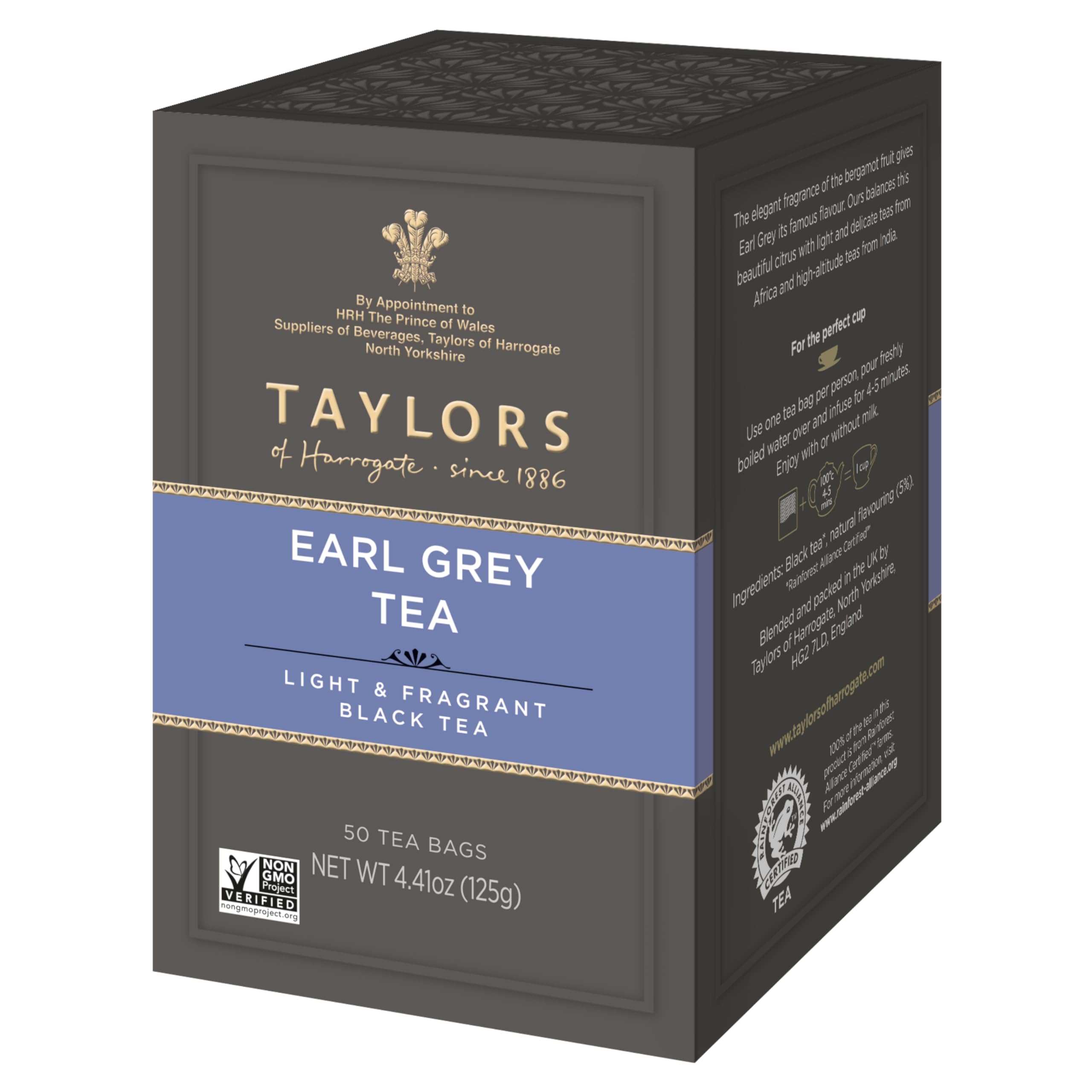 Taylors of Harrogate Earl Grey, Black Tea, Pillow Bags, 50 Count (Pack of 6), Fragrant, Delicate & Light, Caffeinated, Enjoy Hot or Iced, 300 Teabags Total