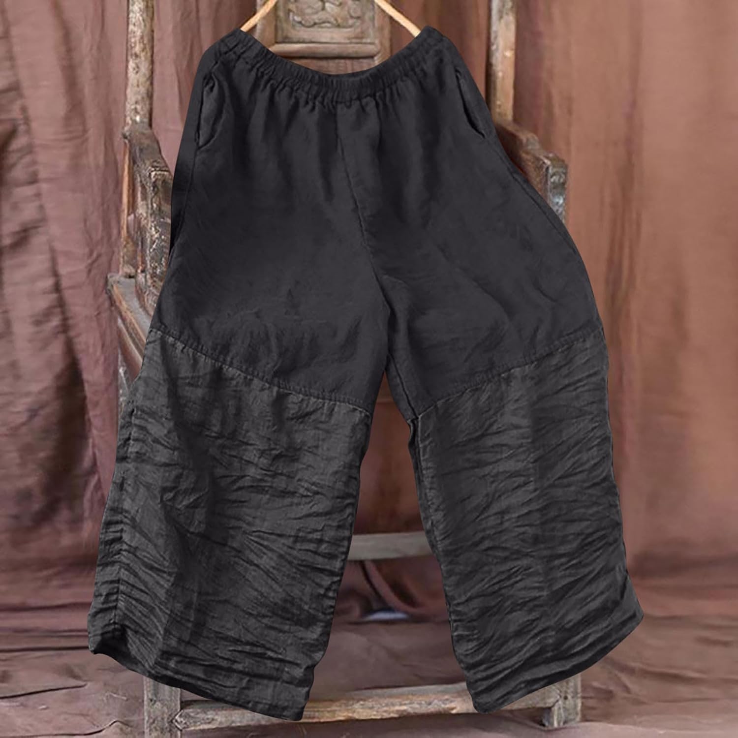 Womens Linen Casual Pants Wide Leg Summer Beach Palazzo Trousers Color Block Loose Fit Gauze Pant with Pockets