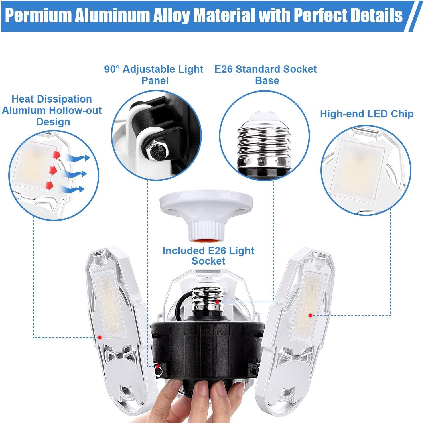 LED Garage Lights, 80W 8000LM Deformable Garage Ceiling Light with 3 Adjustable LED Panels Lighting 180°- 360° Area, E26 Triple Glow Light for Garage, Workshop, Warehouse, Basements, Wine Cellar