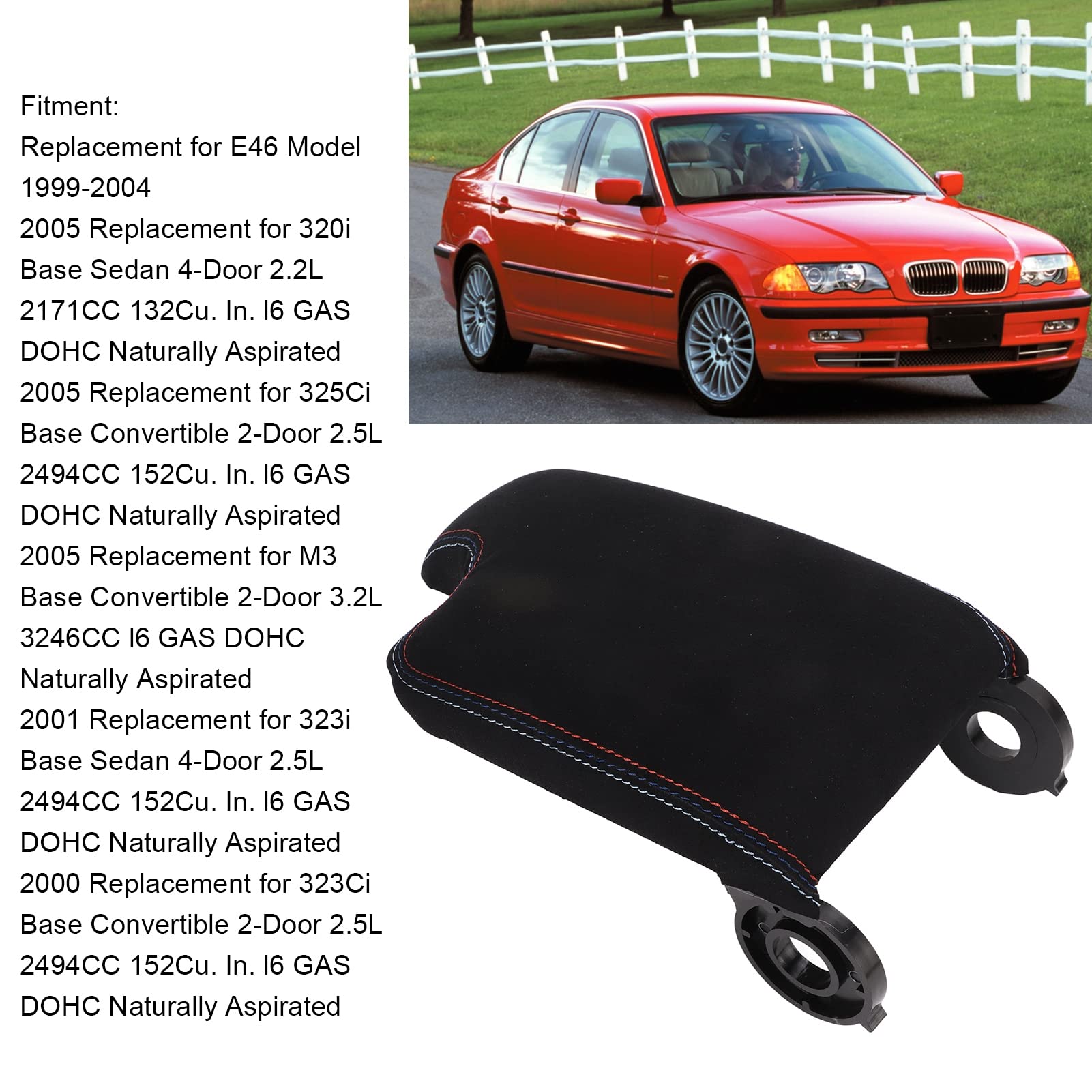 Coperchio del Bracciolo con Cucitura Tricolore in Resistente Pelle PU per Modello E46 1999‑2004 per 320i 325Ci 2001‑2005