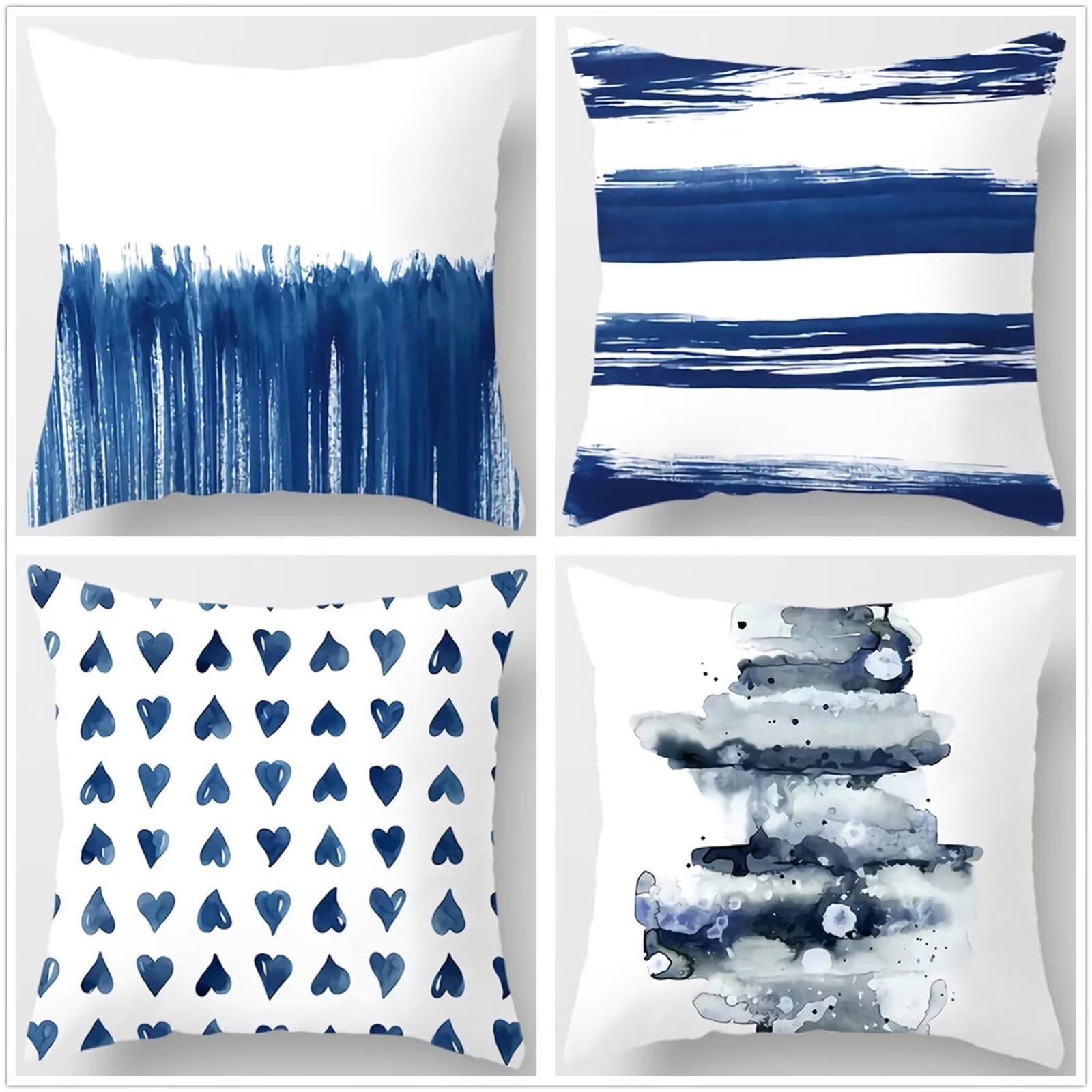 Juego de 4 Verano Exterior Impermeable Fundas de Cojines 45x45cm,Moderno Cuadrado Doble Cara Suave Cojines Sofa,con Cremallera Invisible,para Sala Sofá Cama Decoración Hogar Cojines Azul OW-2063