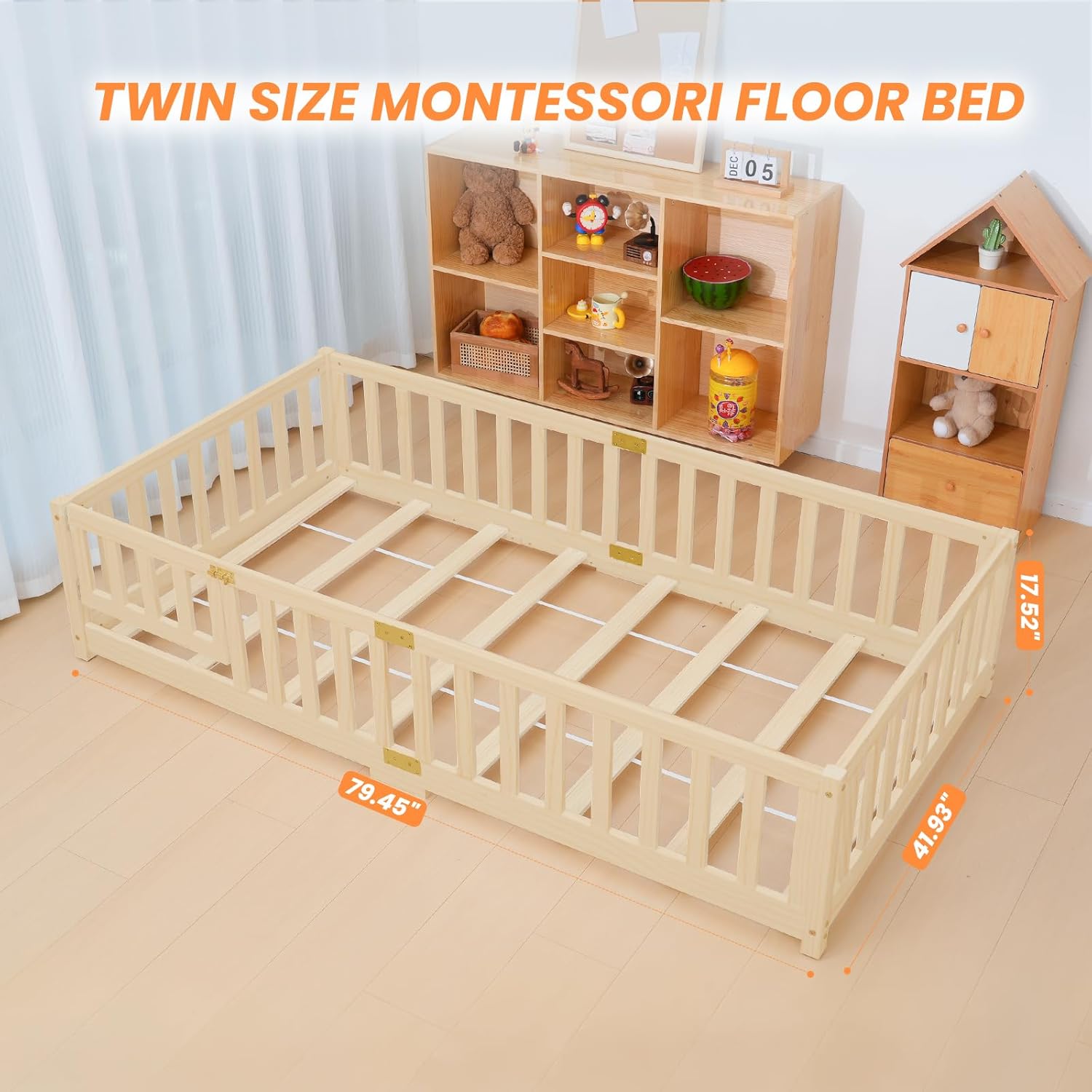 NAIZEA Twin Floor Bed for Kids-Twin Montessori Bed Frame with Wood Slats and Door and Slats, Wood Toddler Floor Beds for Girls and Boys, Natural