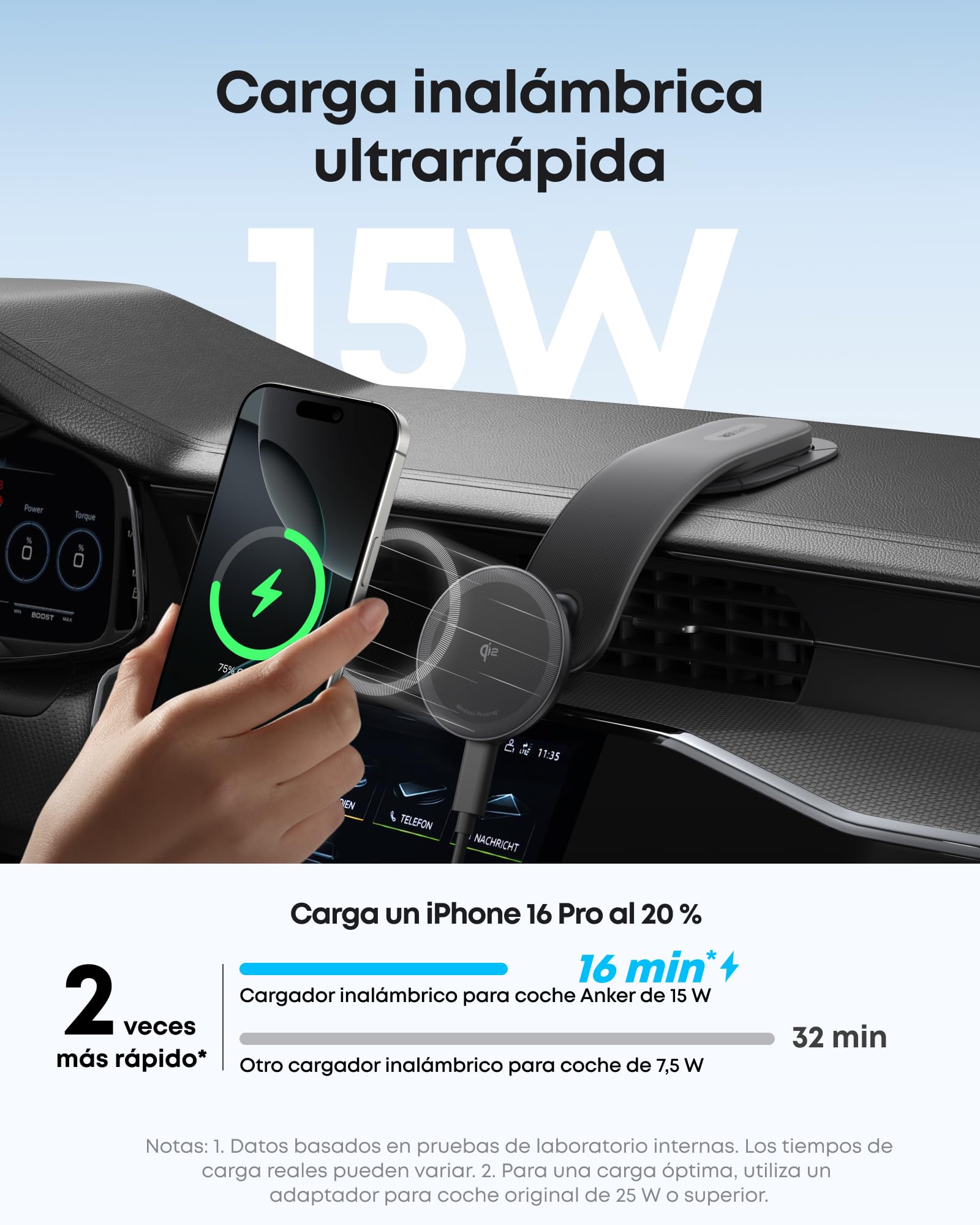 Anker Nano Cargador Coche Inalámbrico para Coche, Cargador Ajustable 360° con Almohadilla Desmontable, Carga Certificada Qi2 de 15W, para iPhone 16/15/14/13/12 (Adaptador Incluido)