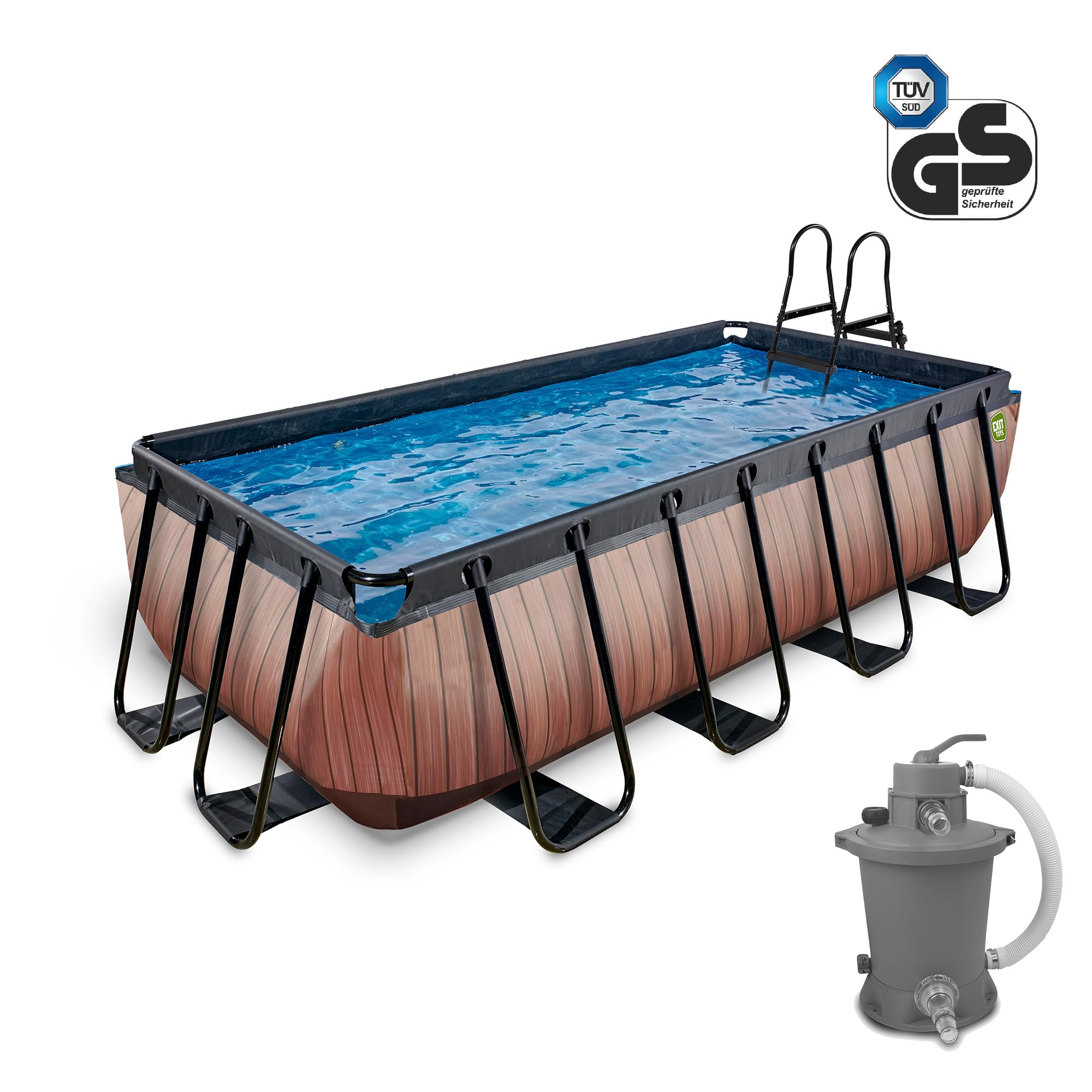 EXIT Toys Wood Pool - 400x200x100cm - Piscina de Marco Rectangular Grande con Bomba de Filtro de Arena - Piscina Extra Profunda - Marco Robusto - Incluye Escalera de Piscina - Diseño Único - Marrón