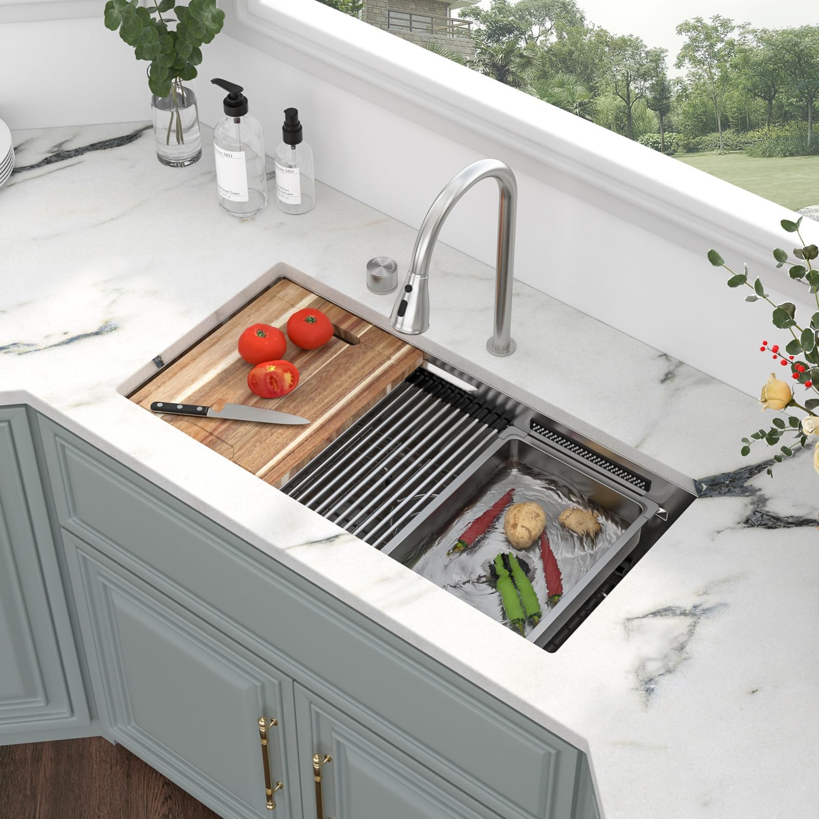 Kichae 33 Undermount Waterfall Kitchen Sink - Undermount Sink Ledge Workstation 16 Gauge Stainless Steel Deep Single Bowl Under Counter Handmade Basin with Faucet Combo & Wash Basin