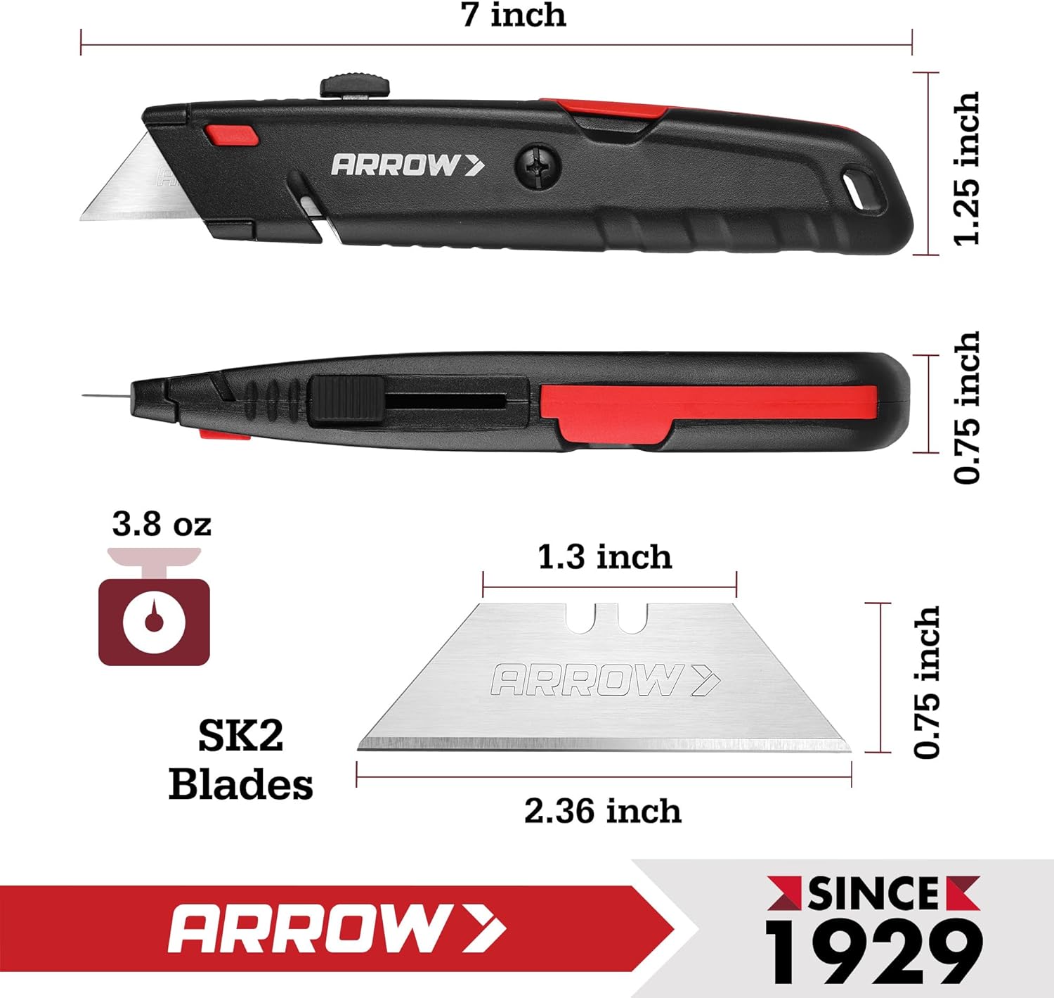 ARROW Retractable Box Cutter, Quick Change Utility Knife with Blade Storage Design, Heavy Duty Aluminum Razor Knife, Twine Cutter, 3 Extra SK2 Blades Included