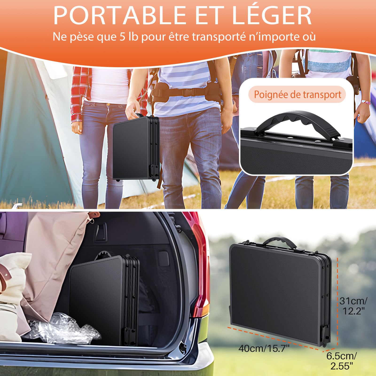 FUNYKICH Table Pliante Multifonction extérieur Camping 58x40cm Aluminium MDF Portable 66lbs Noir
