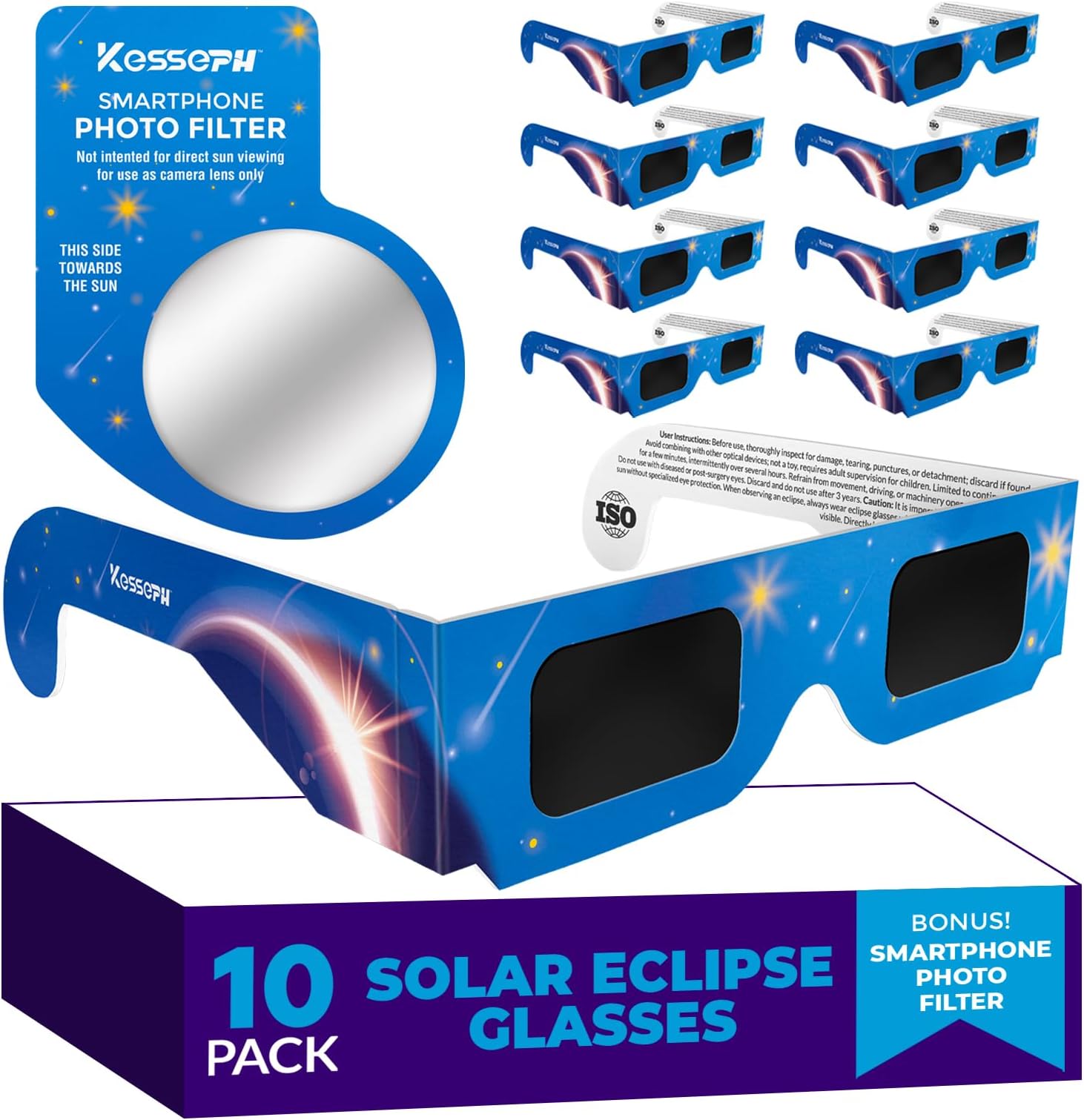 Solar Eclipse Glasses Approved 2024, (10 Pack) CE and ISO Certified Solar Eclipse Observation Glasses, Safe Shades for Direct Sun Viewing, Bonus Smartphone Photo Filter Lens, Blue Stars Design