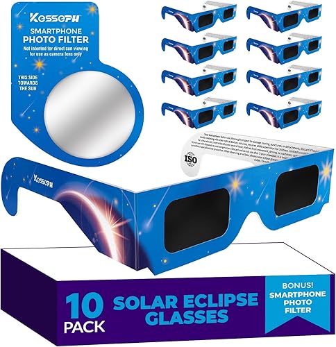 Gafas de eclipse solar aprobadas 2024, (paquete de 10) gafas de observación de eclipse solar con certificación CE e ISO, persianas seguras para