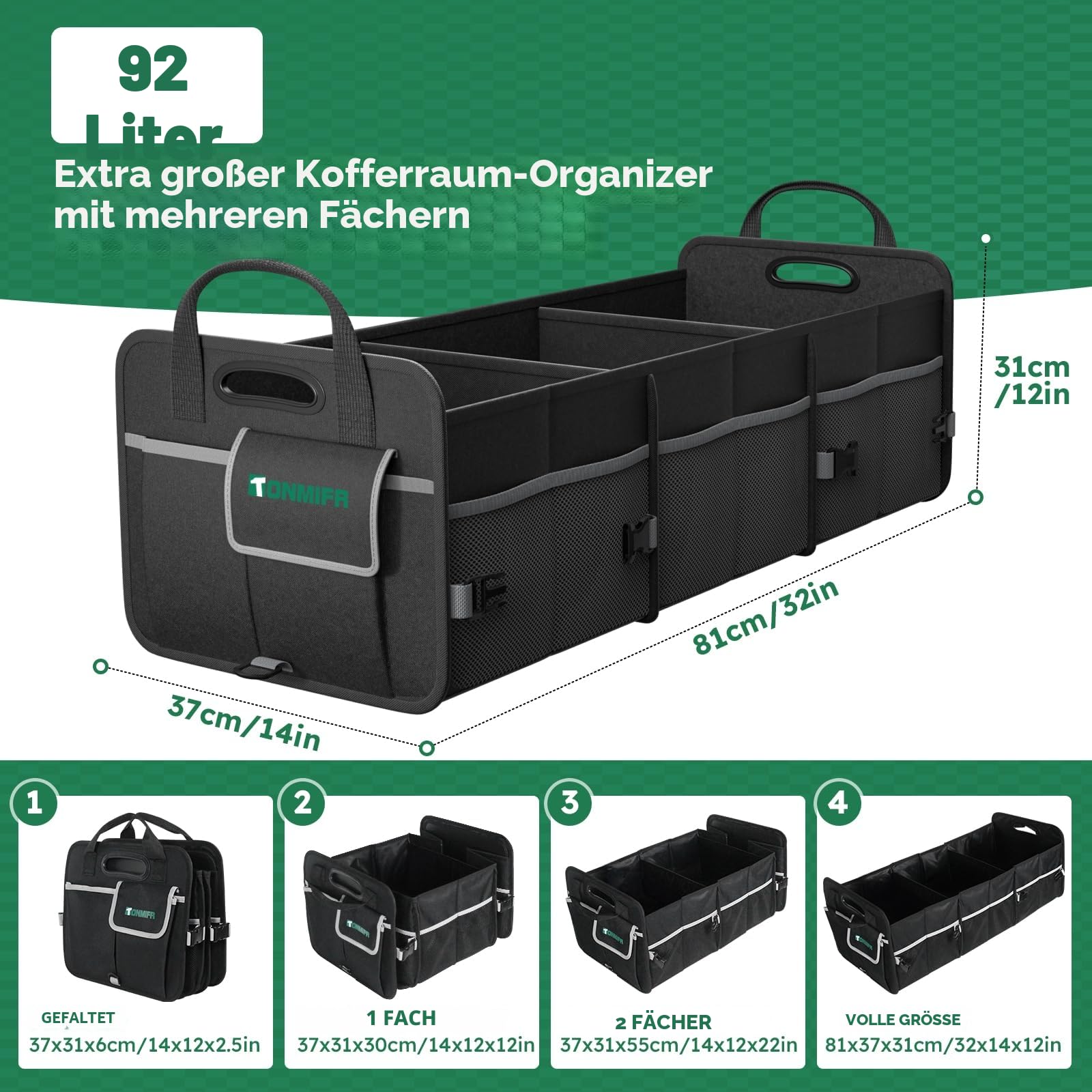 Robuster Kofferraum-Organizer mit großer Kapazität, Multifach-Aufbewahrungsbox für SUV, Kombi & Kleinwagen, faltbar aus 600D Oxford mit 2 Sicherungshaken & reflektierenden Streifen, 92 Liter