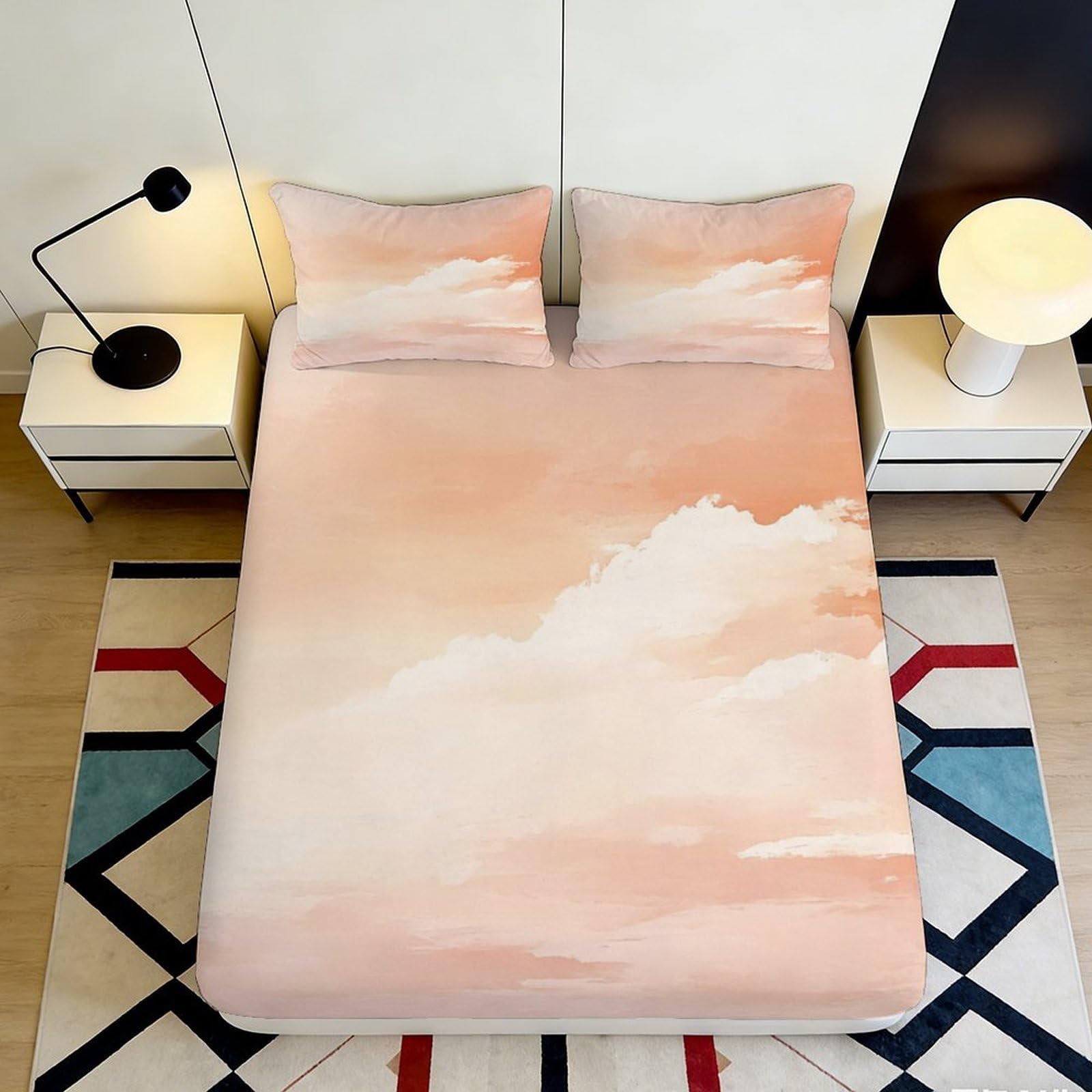 3D Printed Peach Sky Fitted Sheet Microfiber Soft Breathable Cloud Pattern Mattress Cover for Bedroom Dormitory Guest Room Protection Decor 180x200x25cm