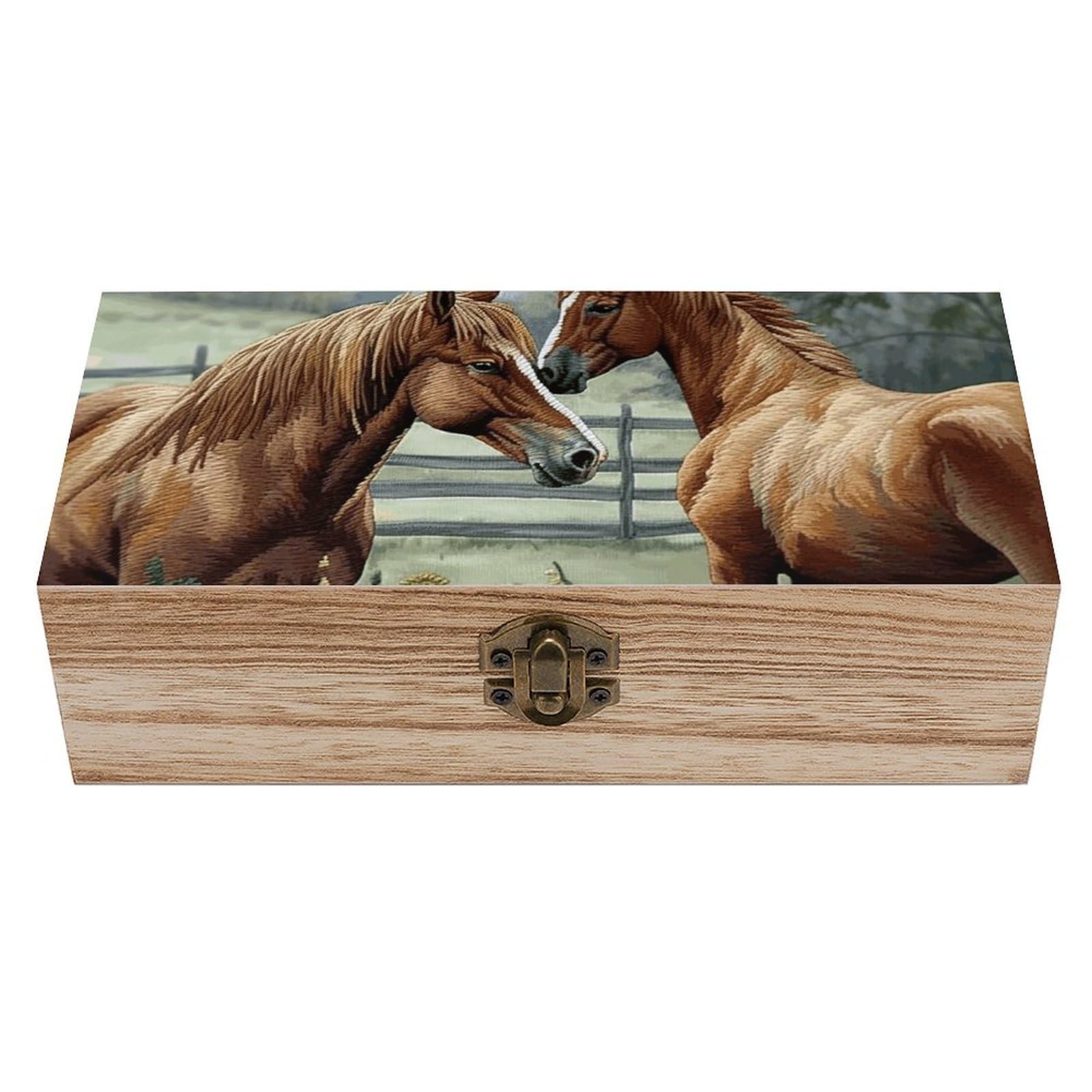 FekiLoot Animals Embroidery Horses Wooden Keepsake Box Decorative Wood Storage Organizer with Hinged Lid Large Handmade Boxes Wedding Memory Treasure Box for Jewelry Photos Stamps Crafts