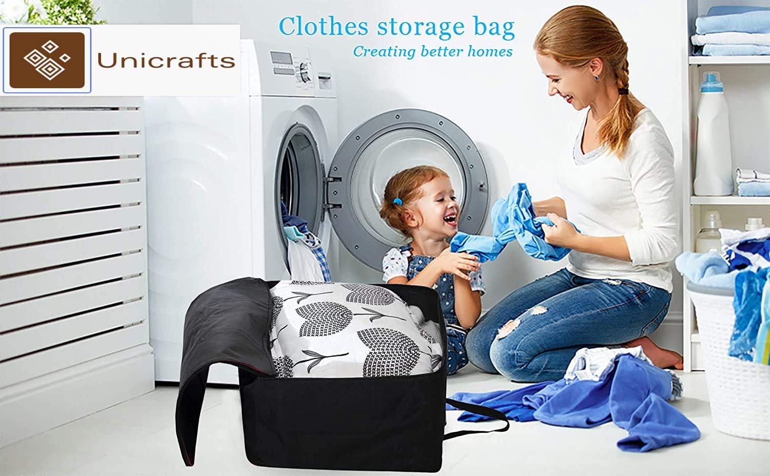 Multi Purpose Foldable Nylon Big Underbed Storage Bag Blanket Storage Bag Cloth Storage Organizer Blanket Cover with Handles Pack of 2 Black