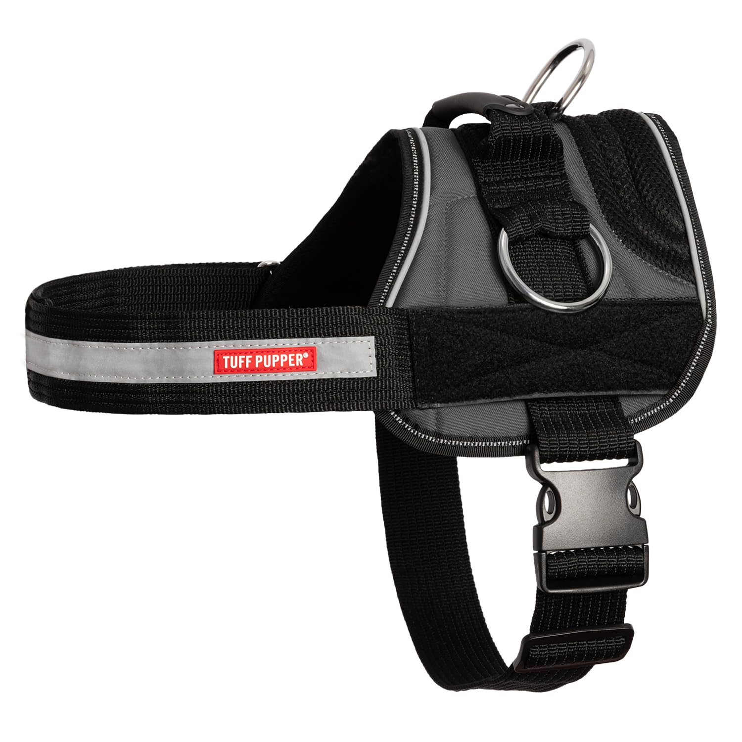 Tuff Pupper Quick Fit Harness for Extra Large Dogs | No Pull No Choke, Escape-Proof | Rugged Padded Breathable Vest | Traffic Control Handle | 3 Leash Clips | Reflective Trim | Easy On Off (XL, Grey)