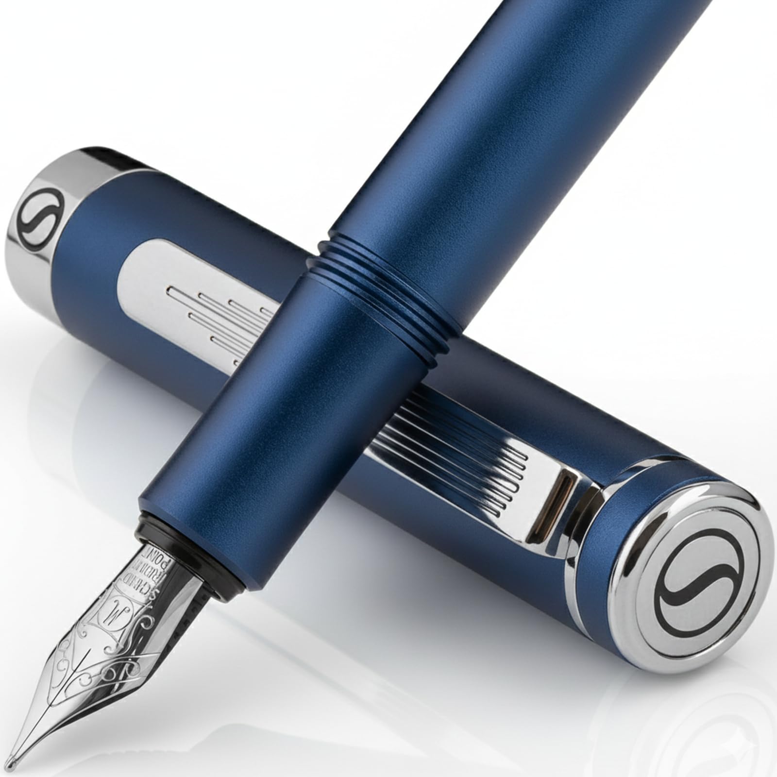 Scriveiner Luxury EDC Fountain Pen (Medium), Stunning Matt Blue Pocket Pen, Chrome Finish, Schmidt German Nib, Converter, Best Writing Pen Gift Set