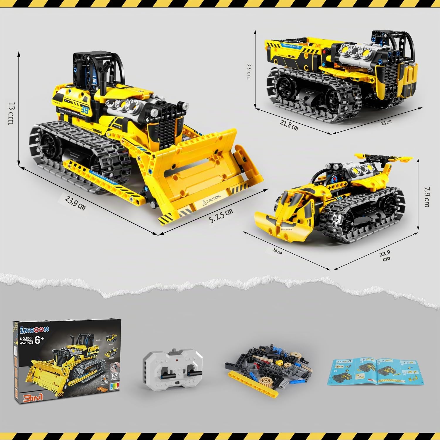 PLAXSOON Tecnica Veicolo da Costruzione Telecomandato Giocattolo da Costruzione con Batteria Ricaricabile, 3-in-1 RC STEM Technic Bulldozer Auto Ribaltabile Mattoncini 452 Pezzi, Regalo per Bambini