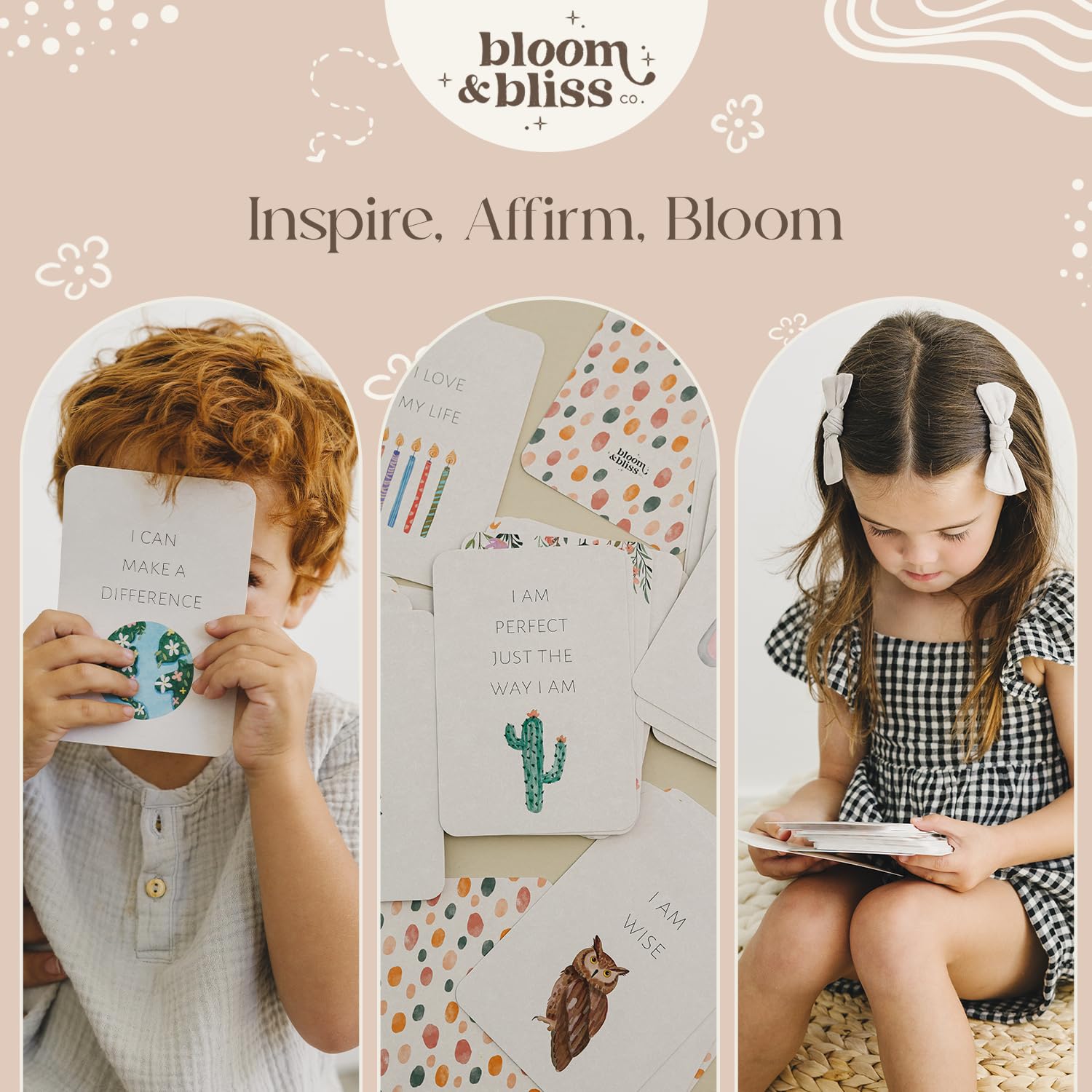 Generic- Tarjetas de afirmaciones positivas para niños: 50 Tarjetas Inspiradoras diarias de Bloom and Bliss para Aumentar la Confianza, la atención Plena y la gratitud, Soporte de exhibición