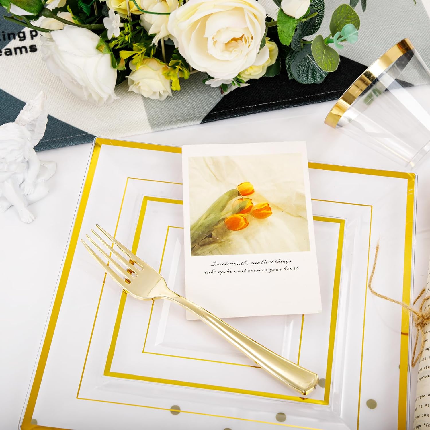 Festiva 350Pcs Clear Plastic Plates with Gold rim - Clear Gold Disposable Dinnerware for 50 Guests includeSquare Plastic Plates/Cups/Cutlery/Napkins Perfect for Birthday Party&Wedding