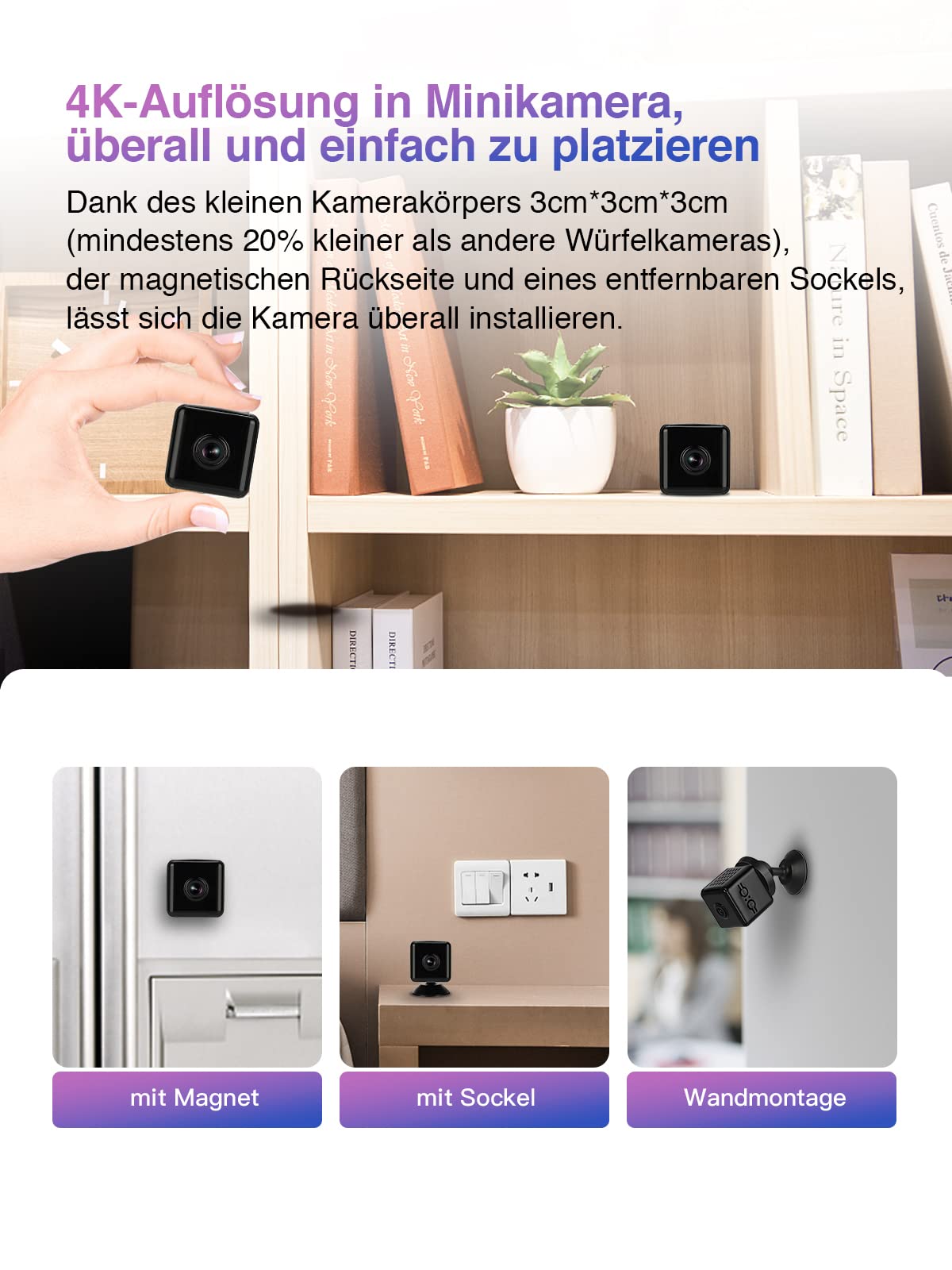 HiKam Mini kamera WLAN 4K HD, WiFi, mini kamera do nadzoru, transmisja na żywo, aplikacja na telefon komórkowy, niania elektroniczna, kamera do monitoringu zwierząt domowych, kamera do monitoringu