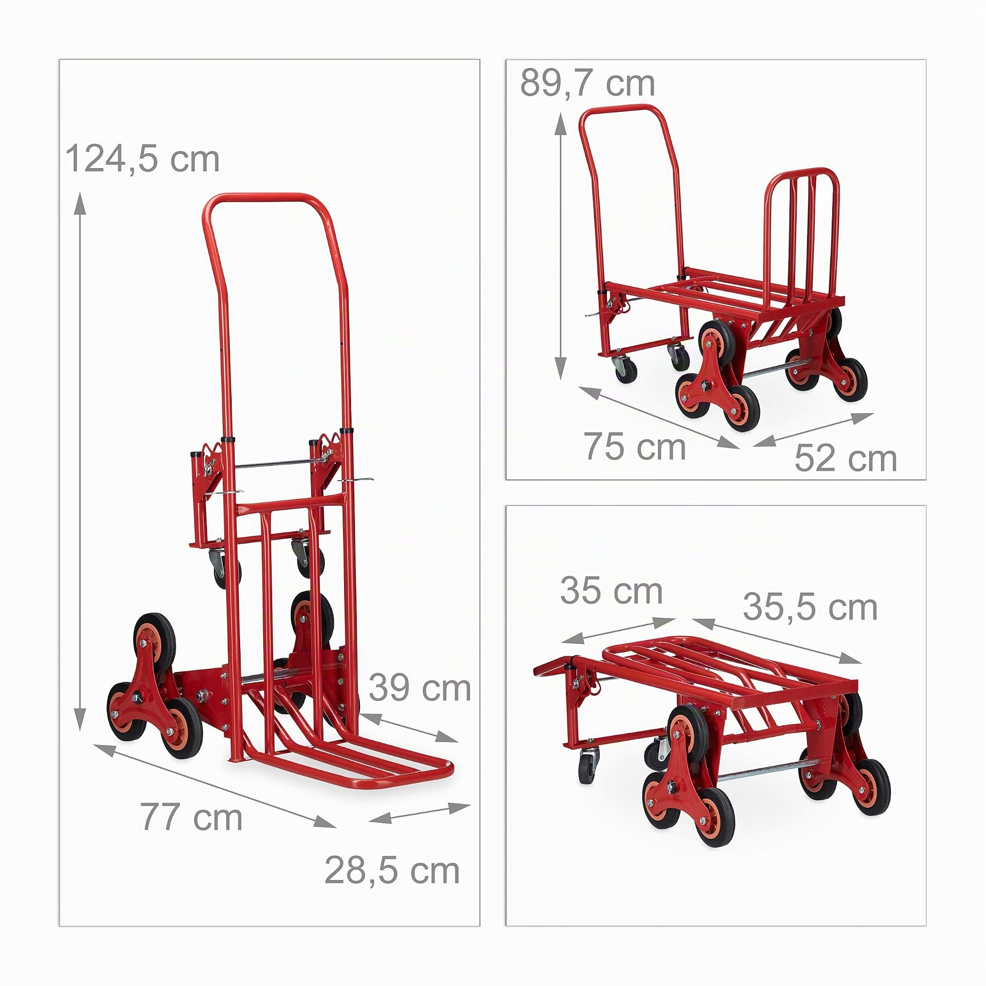 Relaxdays Carrello Portapacchi, Saliscale, capacità di Carico 50/150 kg, Portacasse Multifunzionale, 2in1, Rosso
