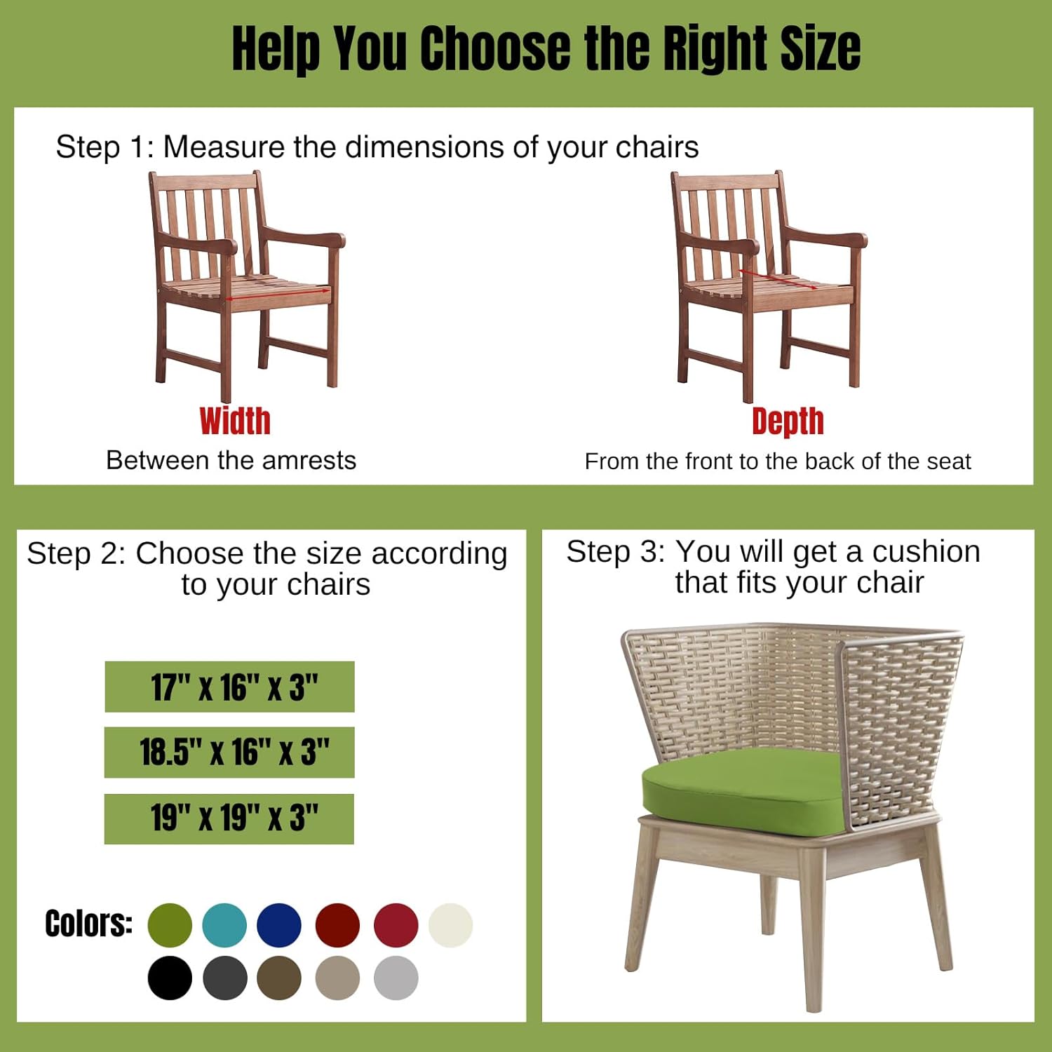 idee-home Outdoor Chair Cushions Set of 2, 19" x 19" x 3" Thick D-Shaped Patio Furniture Outdoor Seat Cushions Waterproof with Ties, Dining Pads