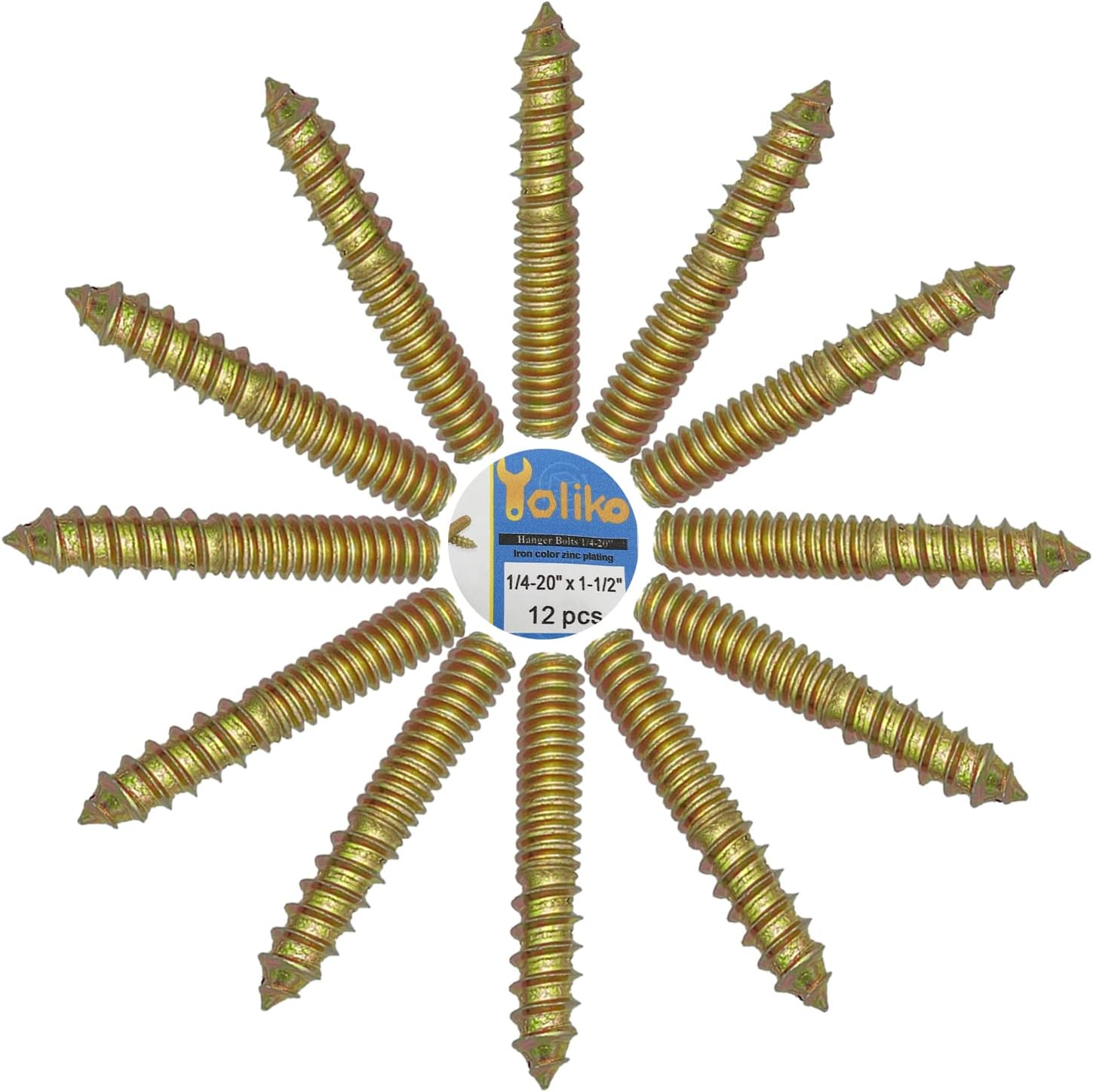Yoliko 12 Pack 1/4-20 x 1-1/2 Inch Hanger Bolts 1/4-20" Double Headed Bolts 1/4 Wood Dowel Screw Self-Tapping Screw Hanger Bolts for Furniture Screws Double Screw Threaded Rods Bolt 37mm Length