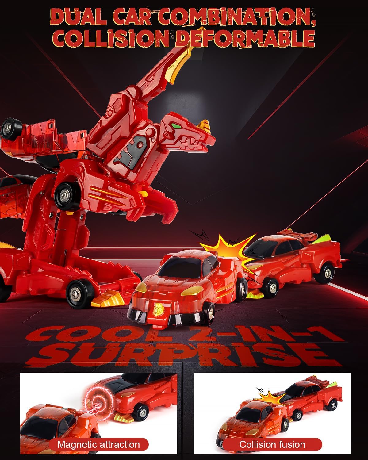 Collision Transforming Dinosaur Car Toy, 2 in 1 Magnetic Cars Transform into Dinosaur Toys, Dino Robot Toy for Kids Toddler, Christmas Birthday Gift Toys for Boys Girls