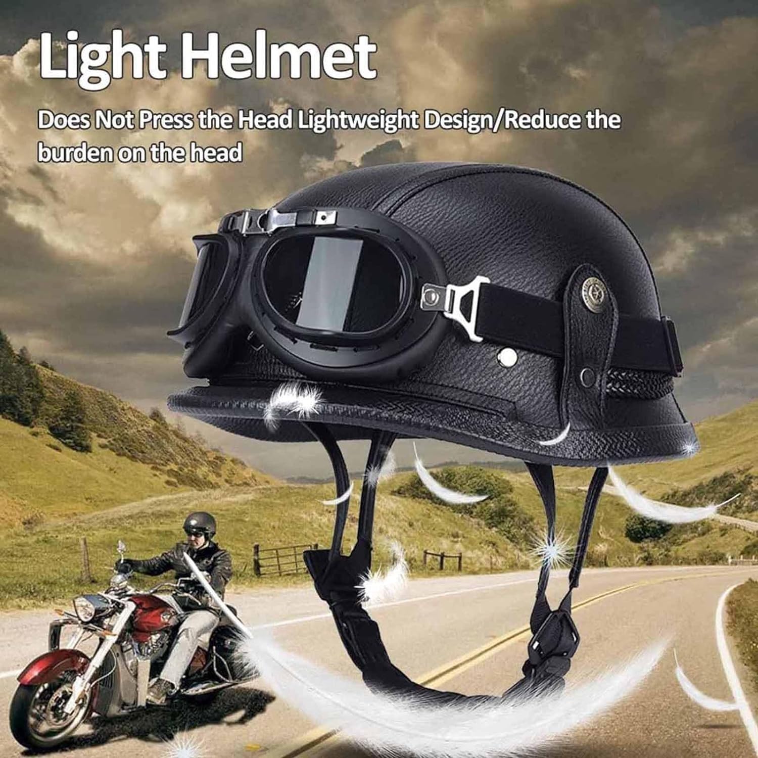 Vintage Deutsche Motorrad Halbhelme Halbschalenhelm mit DOT/ECE, Jethelm Retro, Chopperhelm, Retro Motorradhelm, Rollerhelm, Offener Helm, mit Sonnenbrille, Schnellverschluss E,L=59-60cm