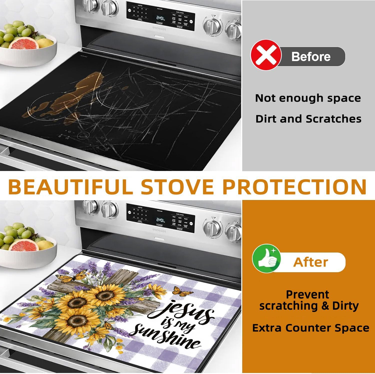 Jesus is My Sunshine Stove Top Covers for Electric Stove Sunflower Cross Electric Stove Top Cover Protector,Floral Stove Mat Protector,Heat Resistant Cooktop Stovetop Cover