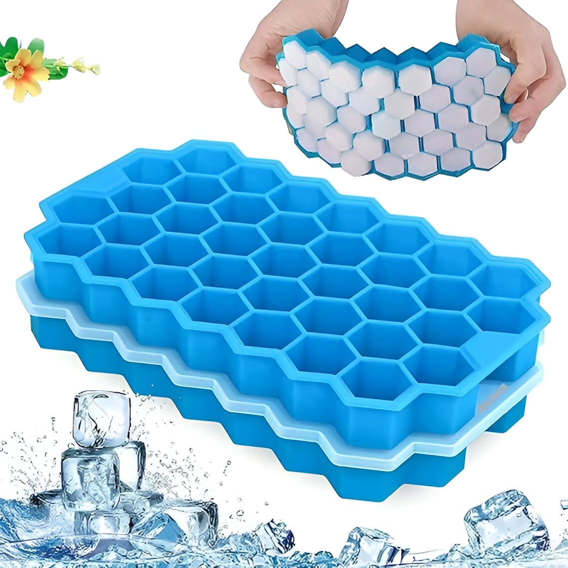 MASH STORES Ice Cube Trays with Silicone Removable Lid, Reusable, Odorless, BPA Free | Flexible and Easy Release, 37 Honeycomb Ice Molds | Ideal Ice Maker for Chilled Drinks, Whisky, Soda and more