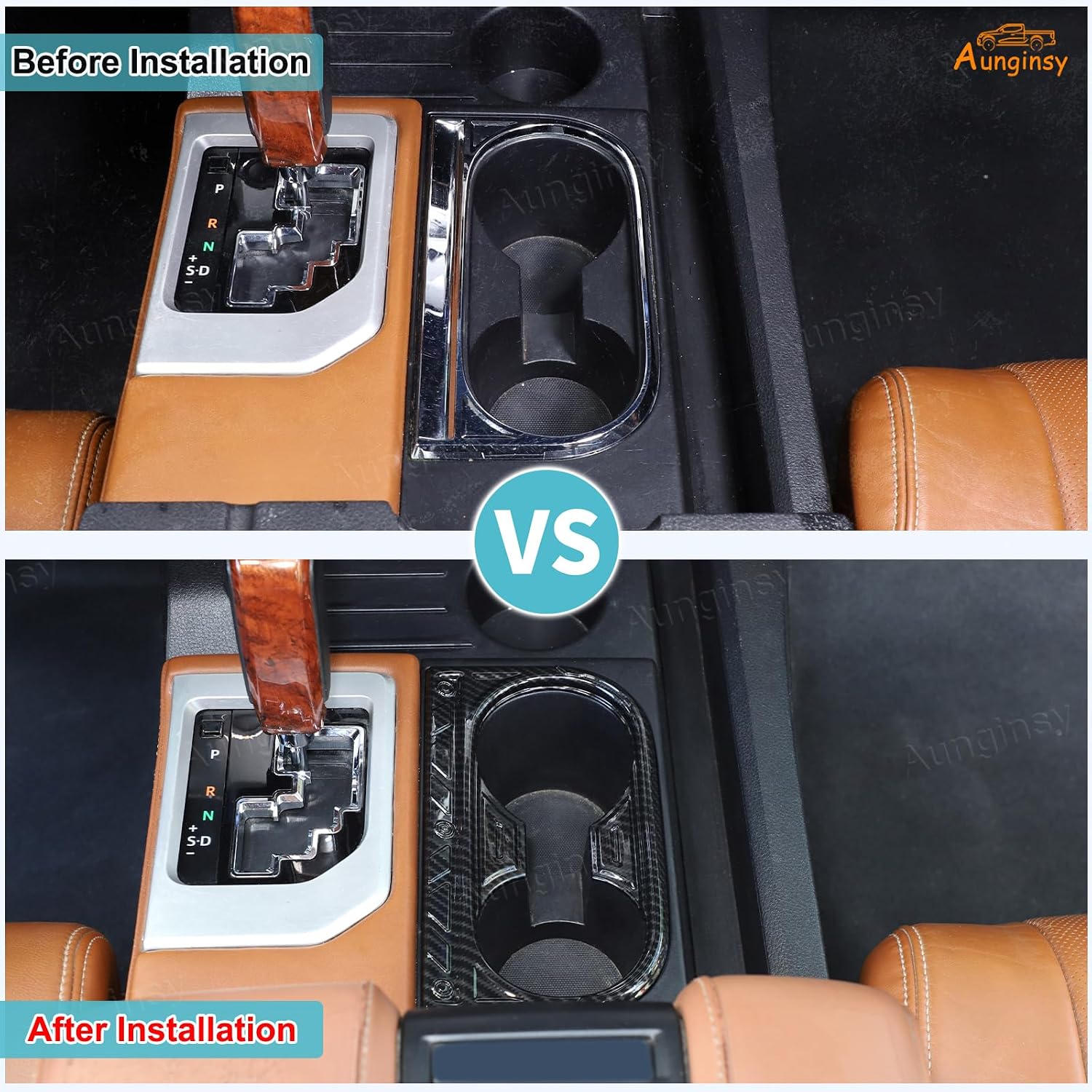 Aunginsy Front Seat Central Armrest Cup Holder Trim Compatible with Toyota Tundra 2014-2021, Center Console Gear Shift Box Cupholder Panel Decorative Frame Protection Cover ABS Accessories, Mech Style